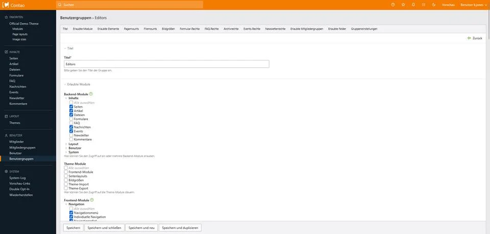 Contao CMS backend showing the Benutzergruppen (user groups) permissions panel with granular access controls for backend modules, theme modules, and frontend navigation elements