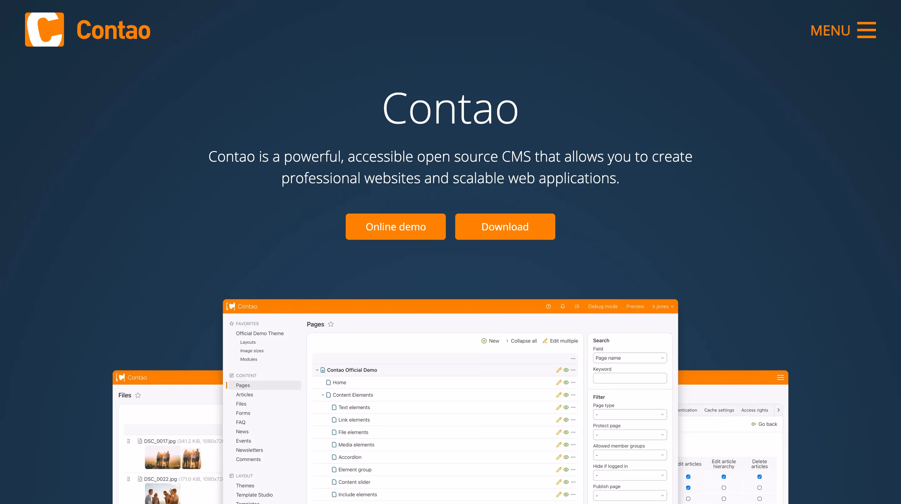 Contao open source CMS homepage showing the platform tagline "a powerful, accessible open source CMS" with the backend interface displaying the pages panel and content elements
