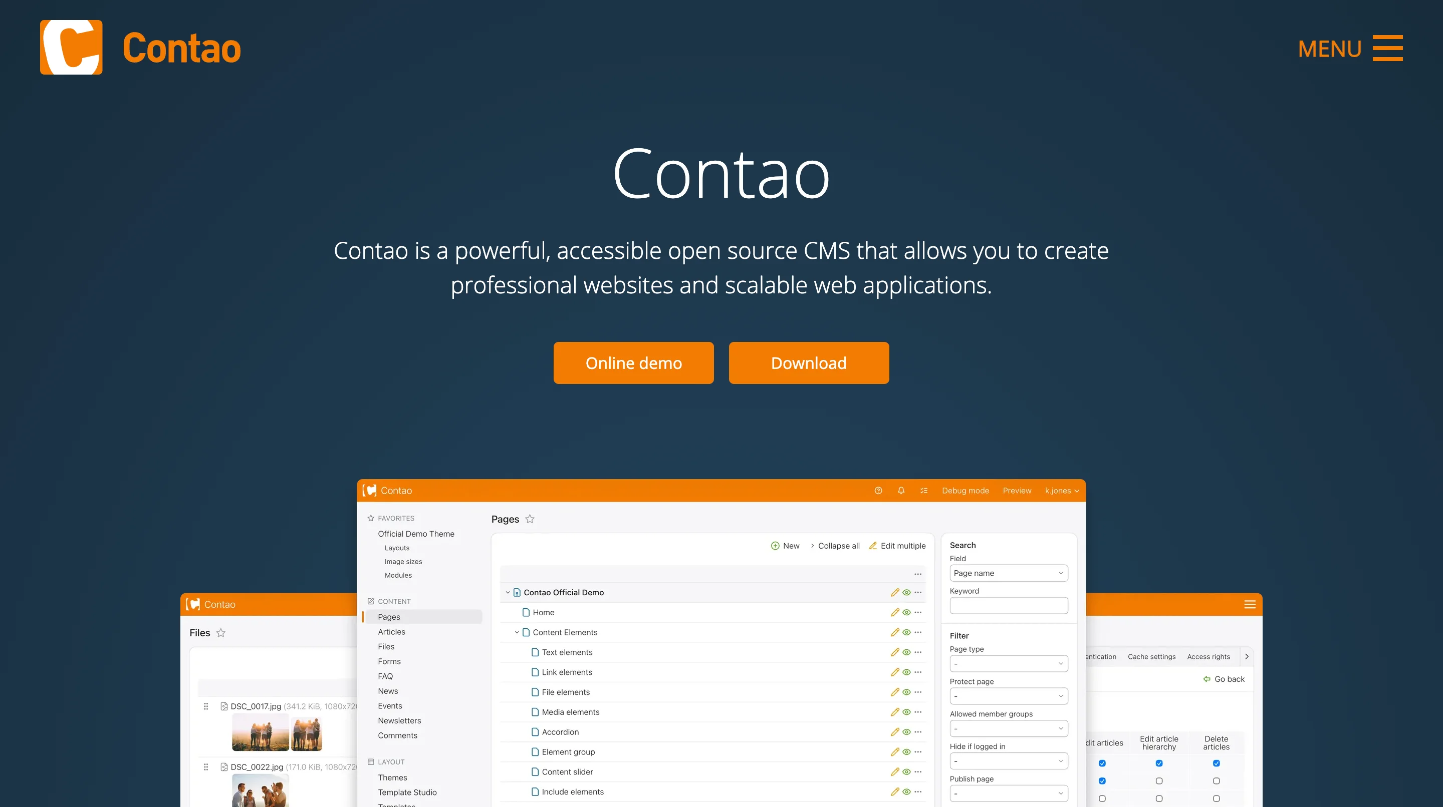 Contao open source CMS homepage showing the platform tagline "a powerful, accessible open source CMS" with the backend interface displaying the pages panel and content elements