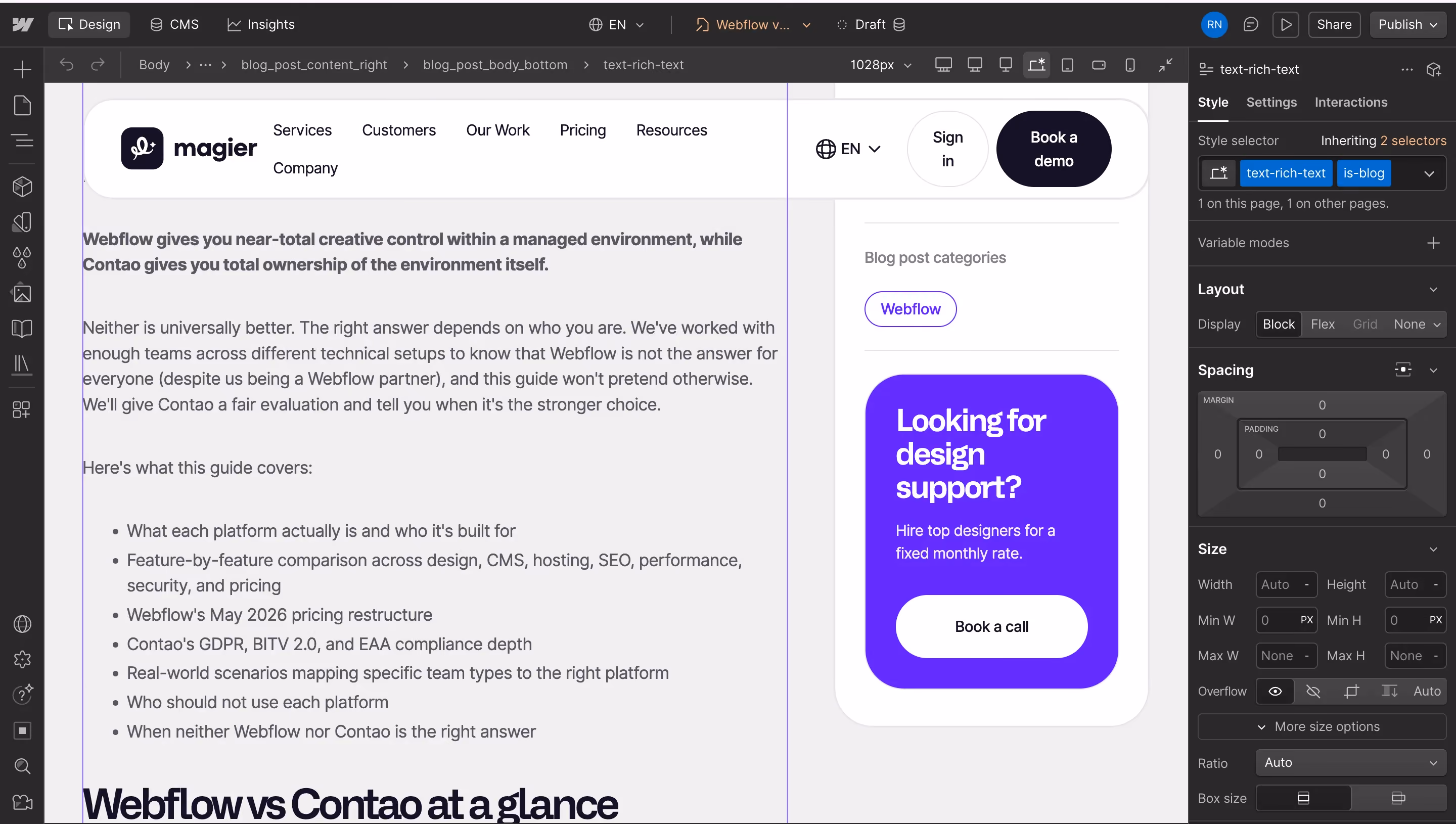 Webflow vs Contao blog post displayed in Webflow's visual editor, showing the introduction section with the opening paragraph and table of contents on a magier blog page