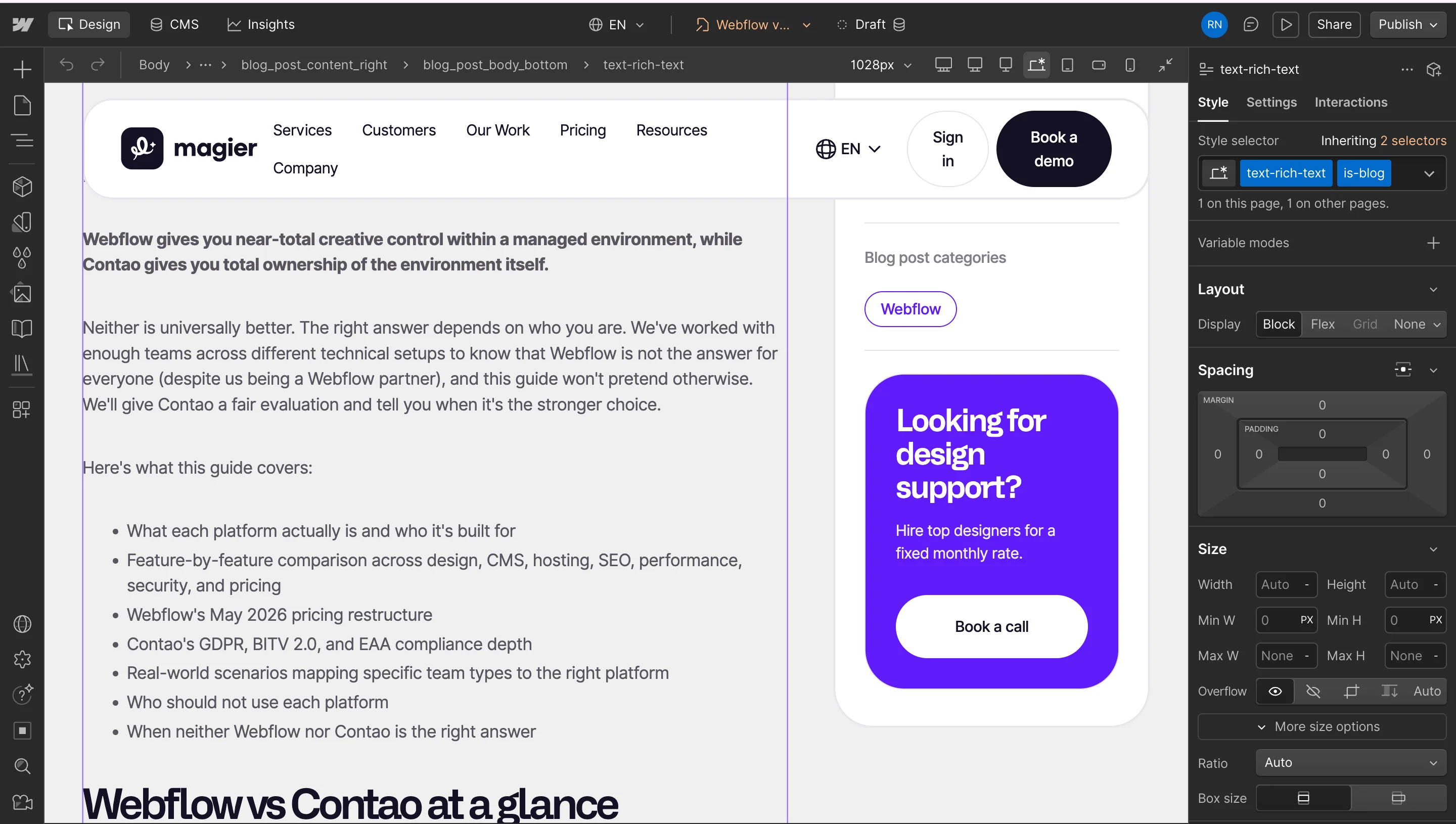 Webflow vs Contao blog post displayed in Webflow's visual editor, showing the introduction section with the opening paragraph and table of contents on a magier blog page