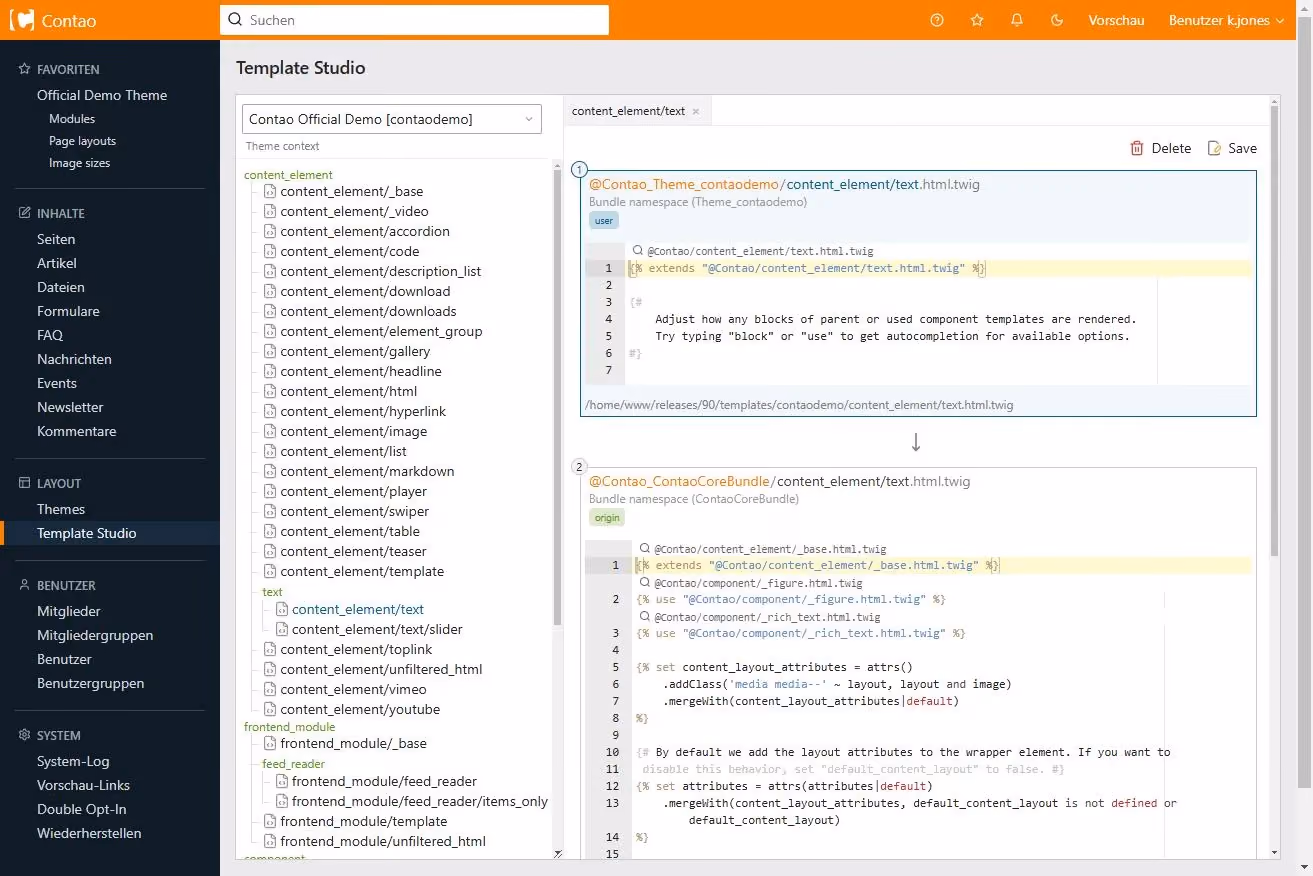 Contao open source CMS homepage showing the platform tagline "a powerful, accessible open source CMS" with the backend interface displaying the pages panel and content elements