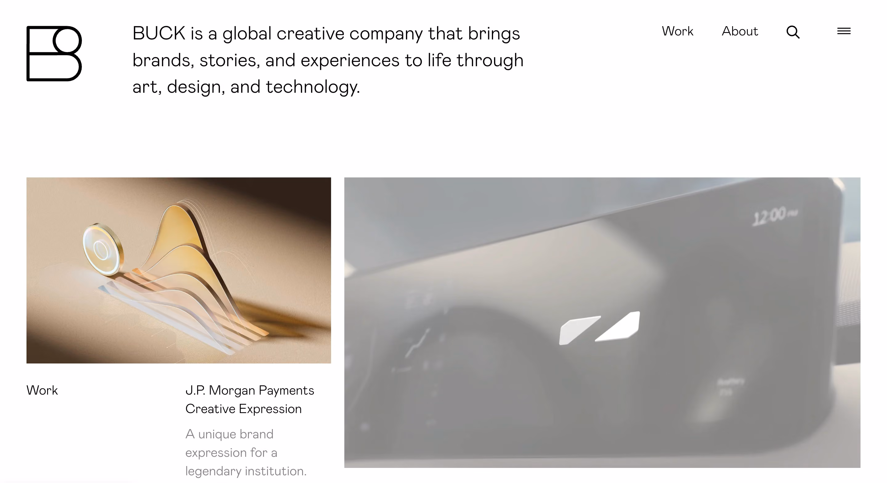 Buck creative agency website homepage showing the tagline "a global creative company that brings brands, stories, and experiences to life through art, design, and technology" alongside a J.P. Morgan Payments campaign visual