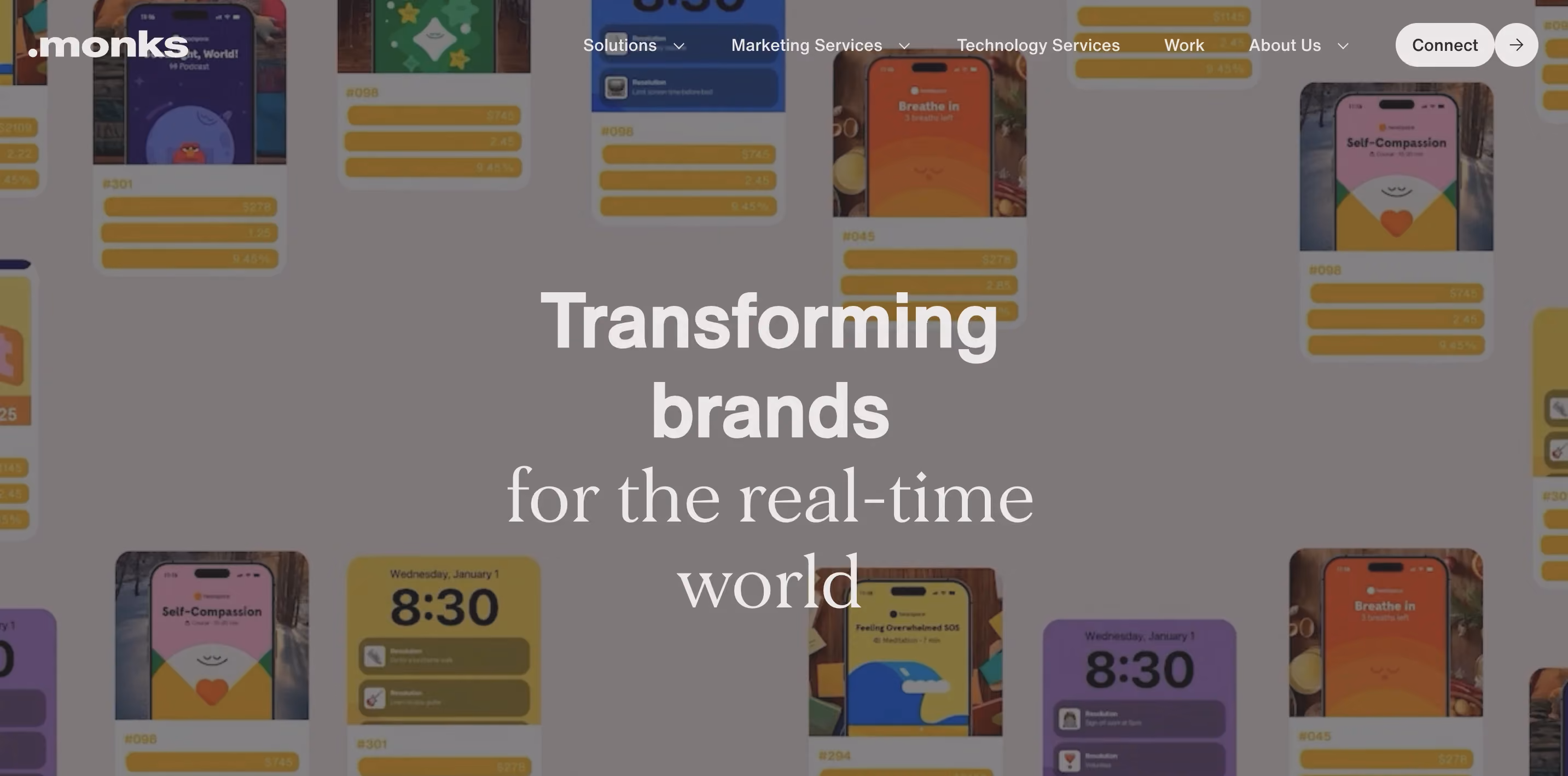 Monks creative production agency homepage displaying the headline "transforming brands for the real-time world" over a grid of colorful mobile app UI screens from a Headspace campaign