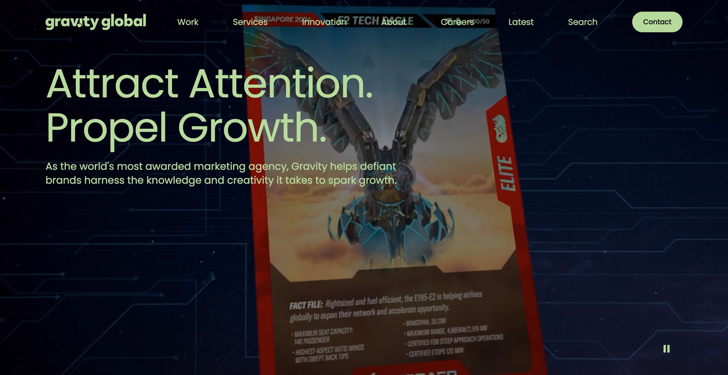 Gravity Global B2B advertising agency homepage showing the headline "attract attention, propel growth" on a dark background with an aviation brand campaign visual for the Embraer E195-E2 aircraft