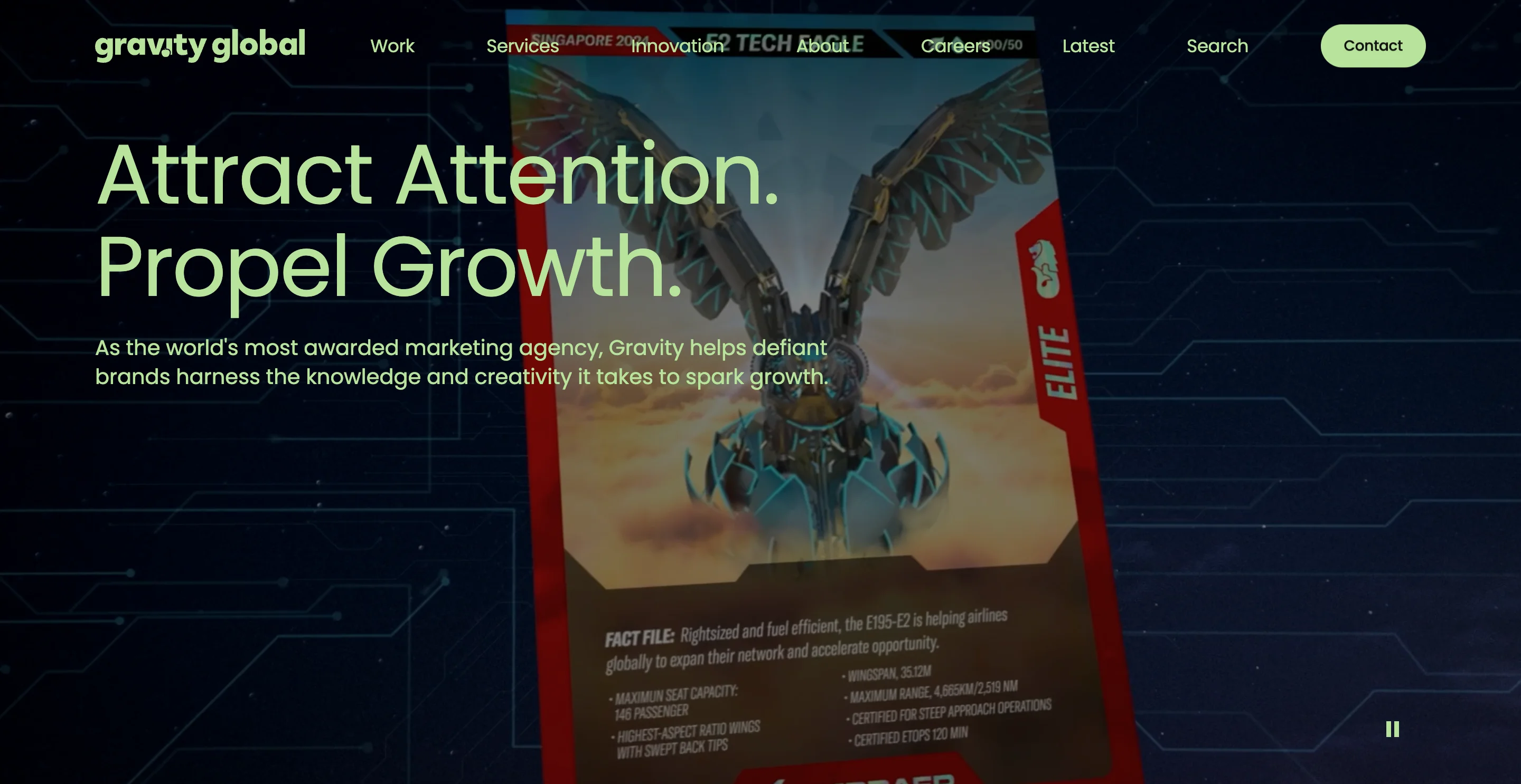 Gravity Global B2B advertising agency homepage showing the headline "attract attention, propel growth" on a dark background with an aviation brand campaign visual for the Embraer E195-E2 aircraft