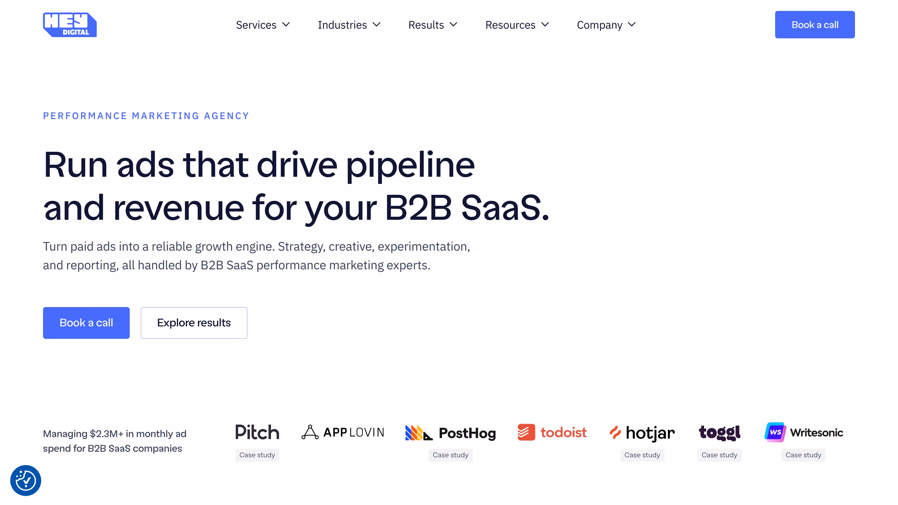 Hey Digital B2B SaaS performance marketing agency homepage with the headline "run ads that drive pipeline and revenue for your B2B SaaS" and client logos including Pitch, AppLovin, PostHog, Hotjar, Toggl, and Writesonic
