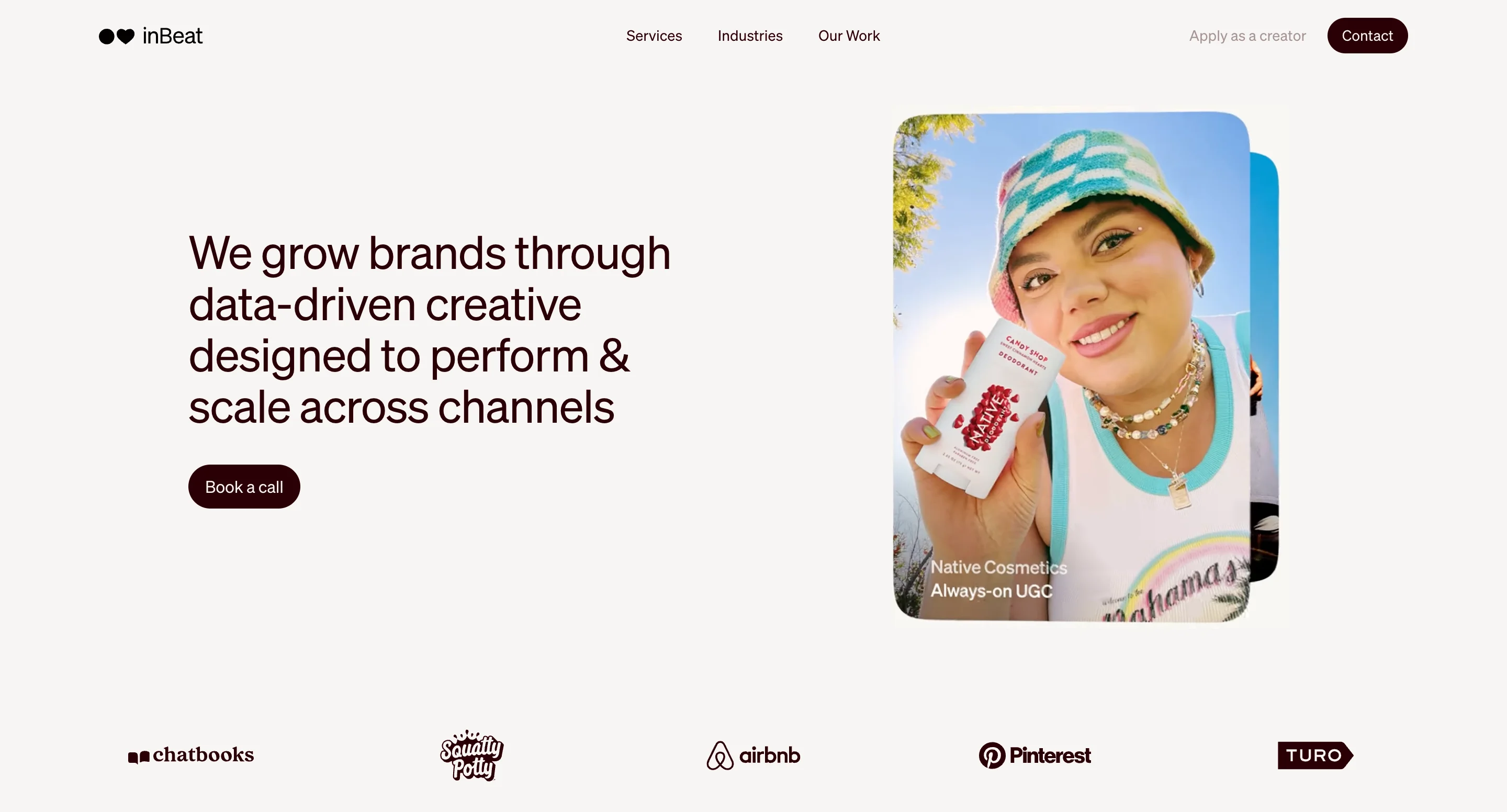 inBeat Agency homepage showing the tagline "we grow brands through data-driven creative designed to perform and scale across channels" with a UGC-style ad example for Native Cosmetics and client logos including Airbnb, Pinterest, and Turo