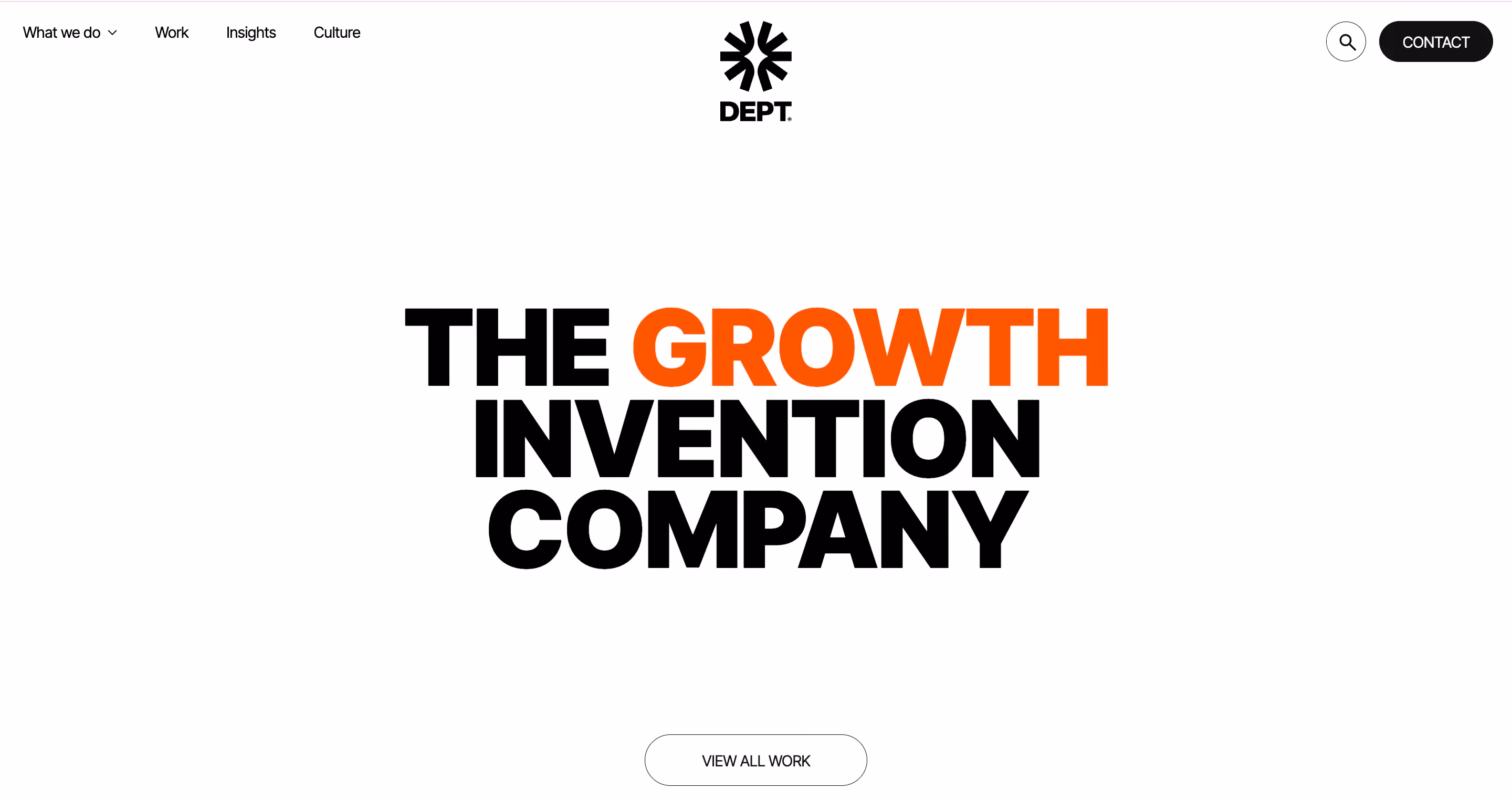 DEPT agency website homepage displaying the tagline "The Growth Invention Company" in large bold black and orange typography on a white background