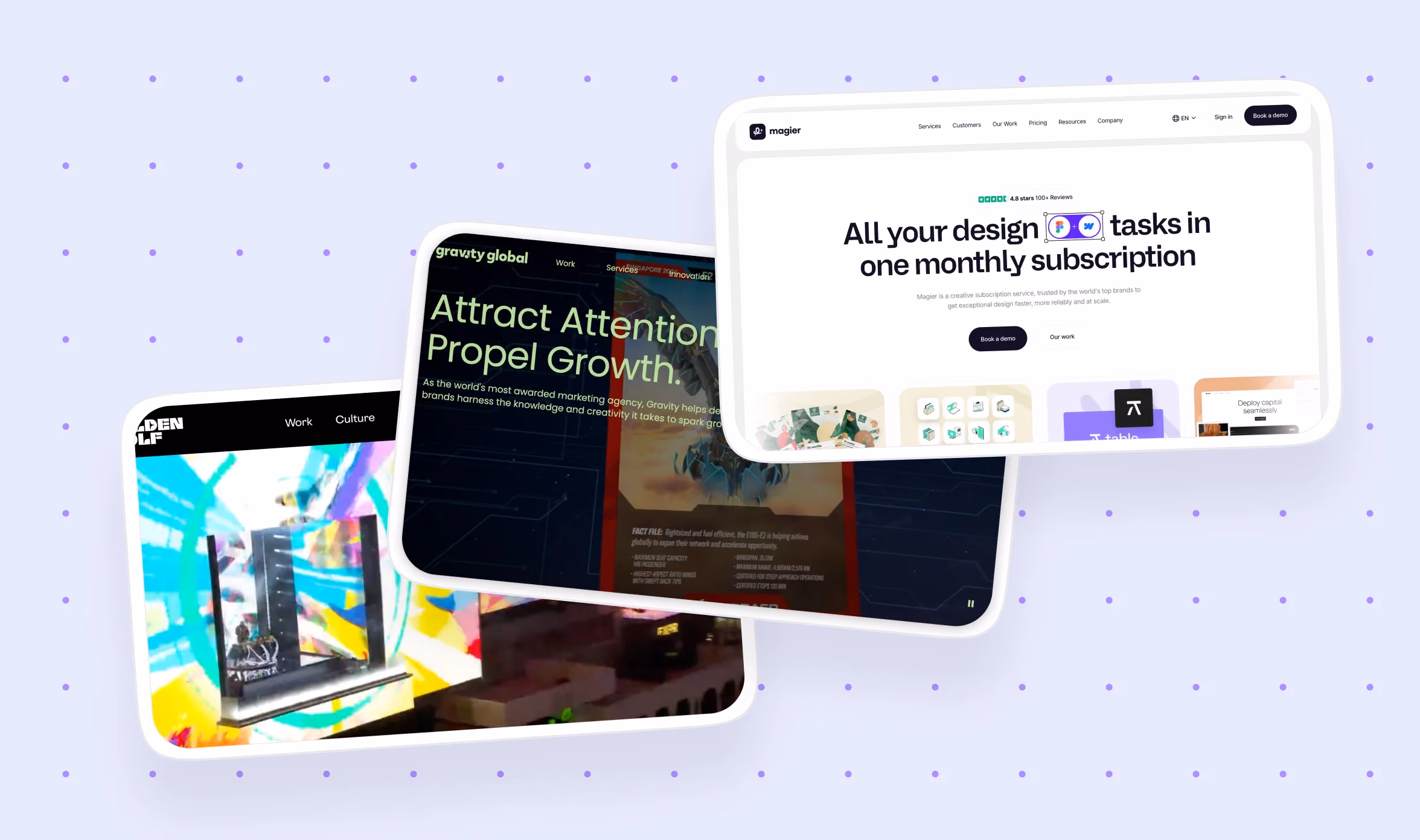 Best ad design agencies collage showing screenshots of magier's design subscription homepage, Gravity Global's B2B advertising website, and Golden Wolf's motion design studio portfolio on a purple dotted background