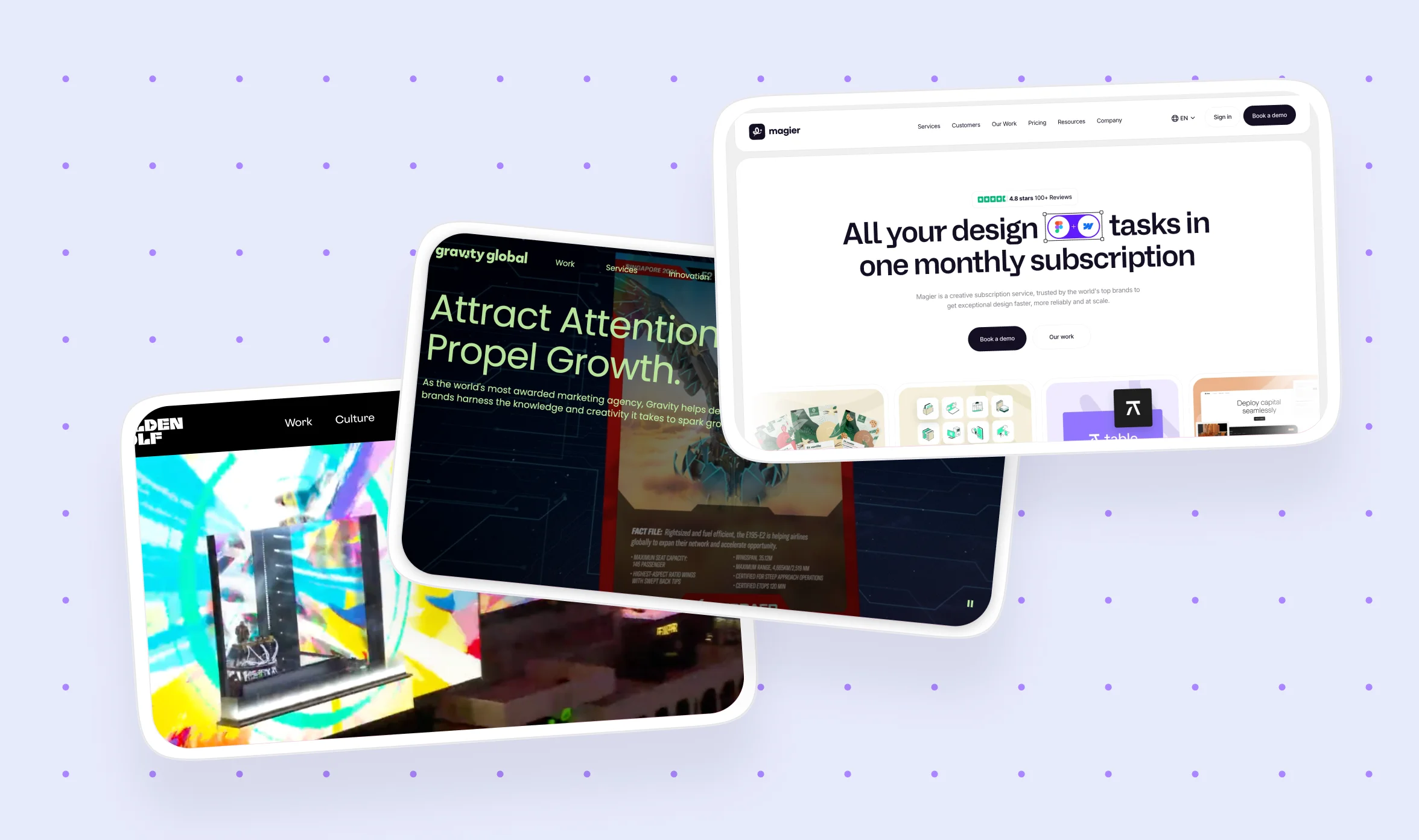 Best ad design agencies collage showing screenshots of magier's design subscription homepage, Gravity Global's B2B advertising website, and Golden Wolf's motion design studio portfolio on a purple dotted background