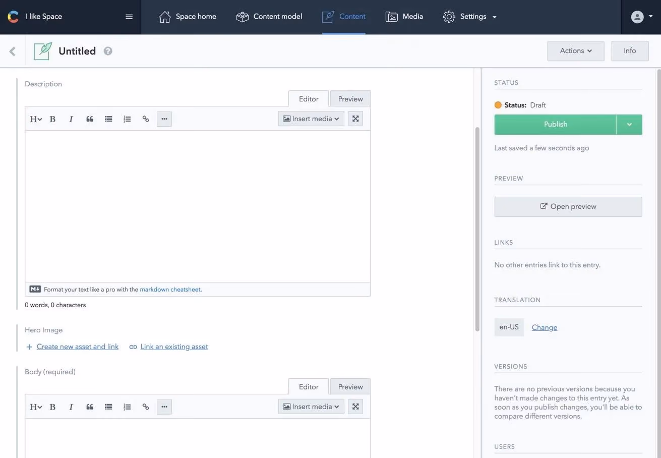 Contentful content entry editor showing description and body fields with publish status and version history