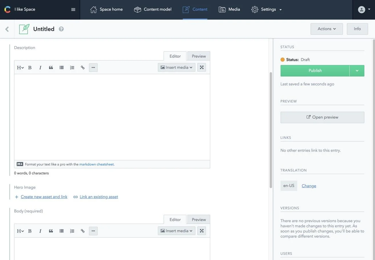 Contentful content entry editor showing description and body fields with publish status and version history