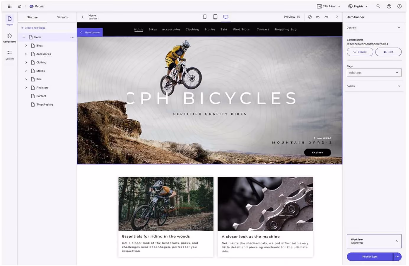 Sitecore XM Cloud Pages interface showing the CPH Bicycles homepage with hero banner and site tree