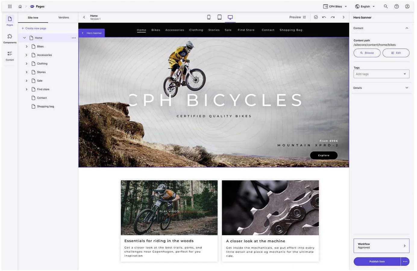 Sitecore XM Cloud Pages interface showing the CPH Bicycles homepage with hero banner and site tree
