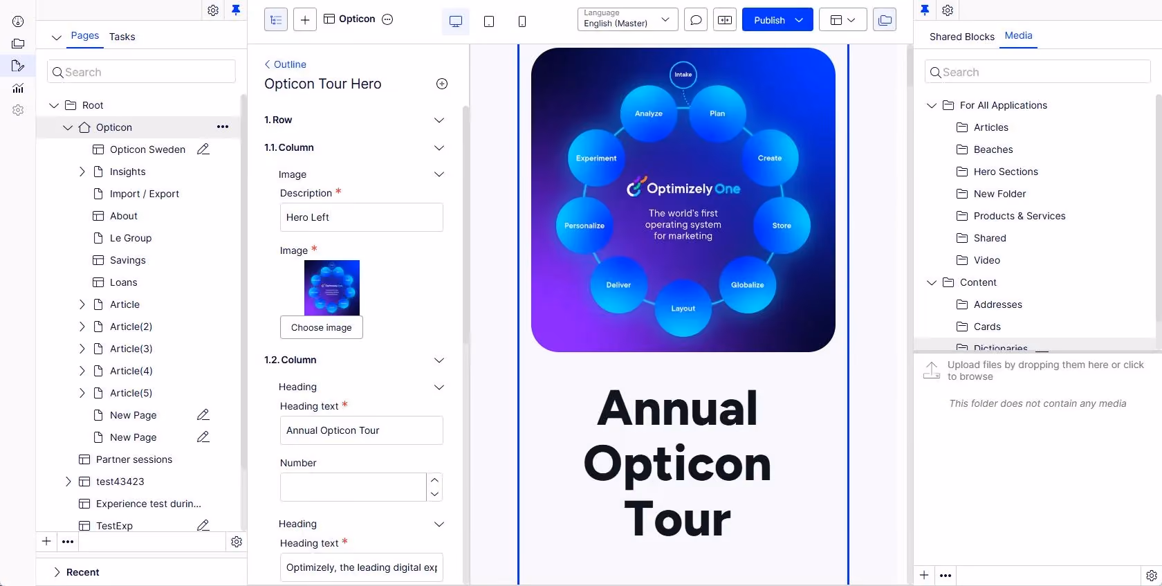Optimizely One CMS editor showing the Opticon Tour page with visual authoring and media library
