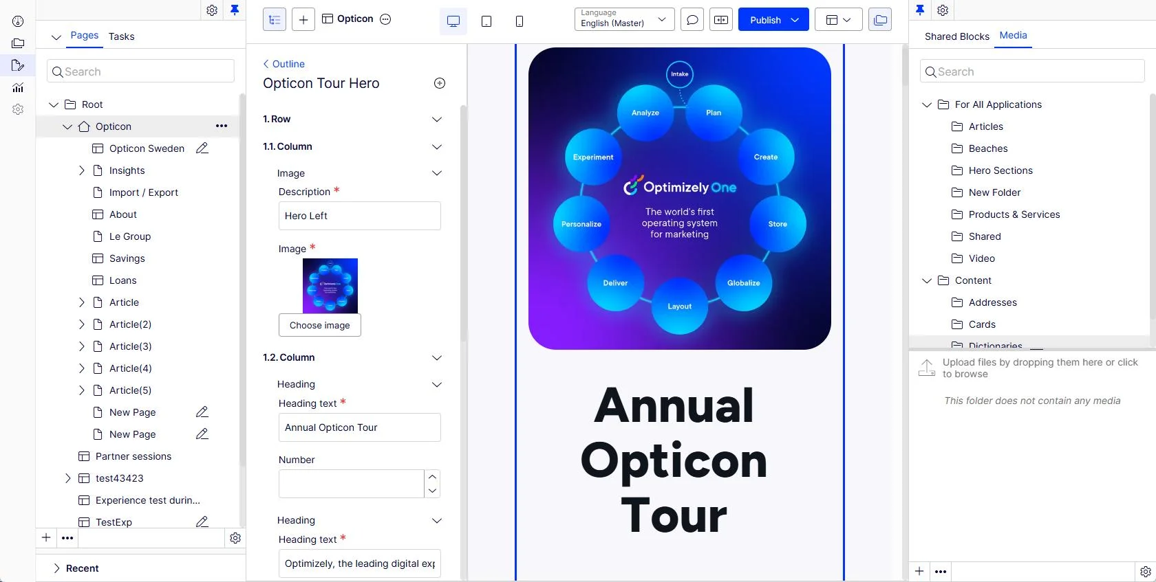 Optimizely One CMS editor showing the Opticon Tour page with visual authoring and media library