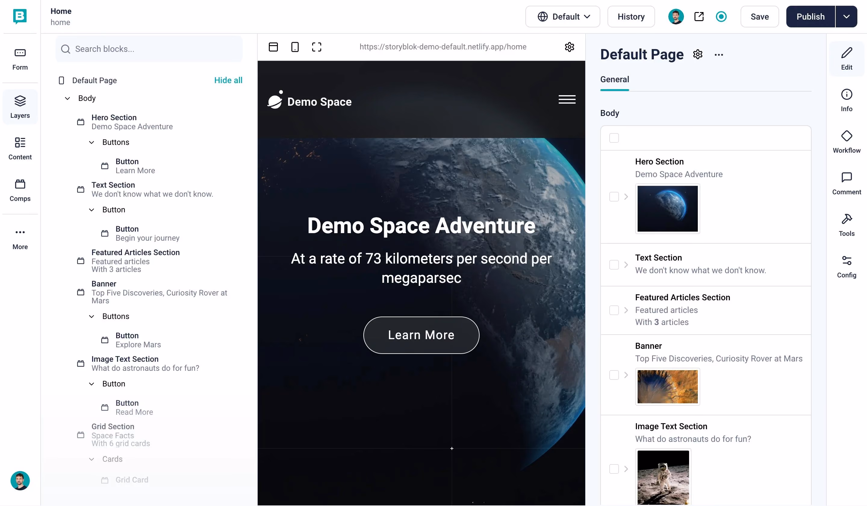 Storyblok visual editor showing the Demo Space Adventure homepage with component tree and live preview