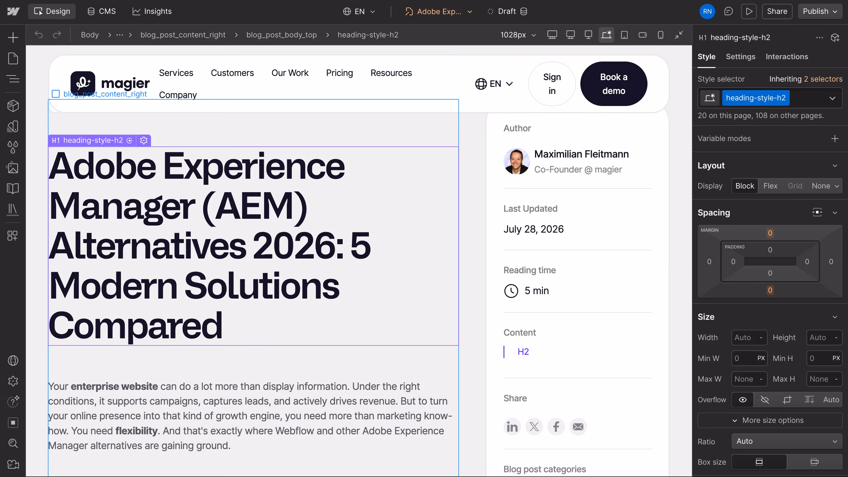 Webflow Designer showing the Adobe Experience Manager Alternatives blog post being edited