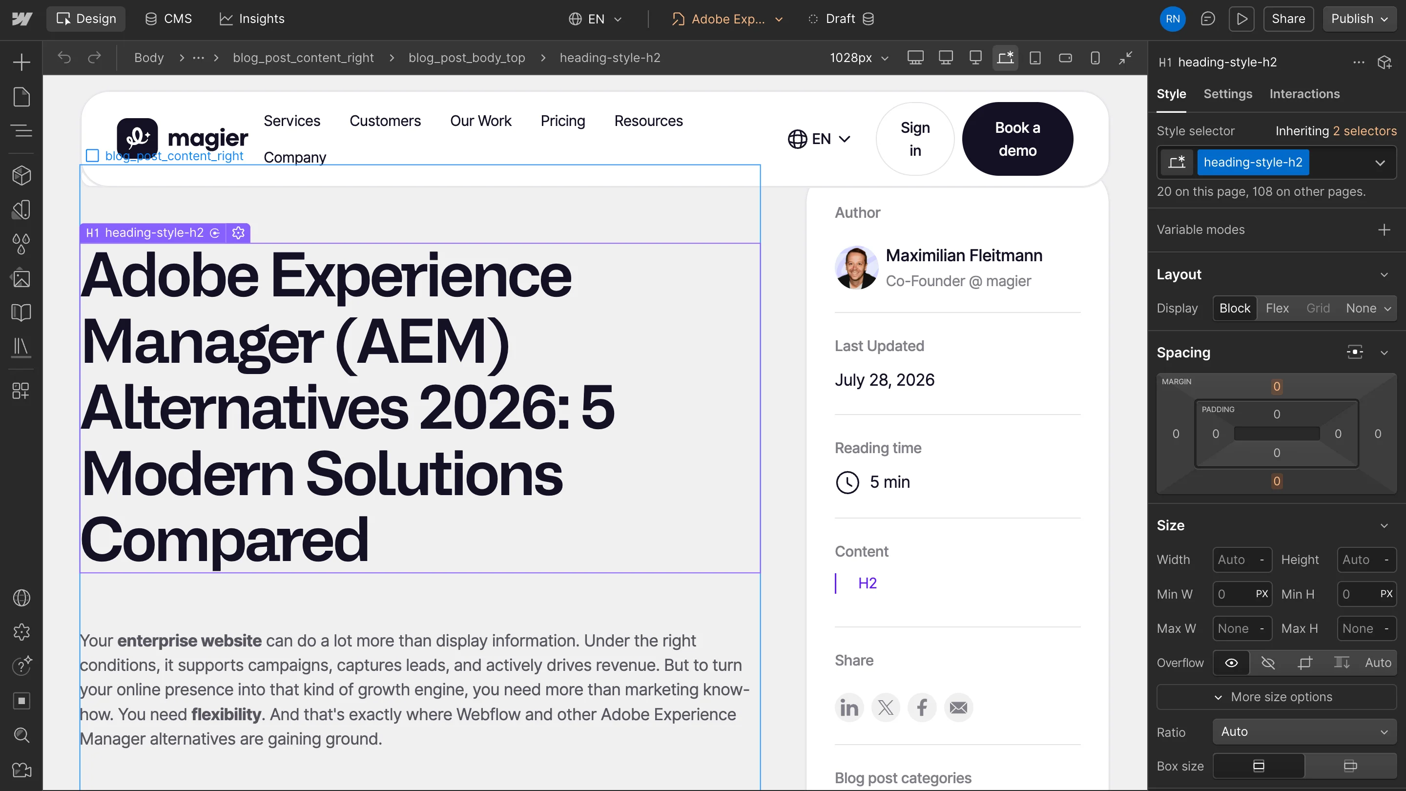 Webflow Designer showing the Adobe Experience Manager Alternatives blog post being edited
