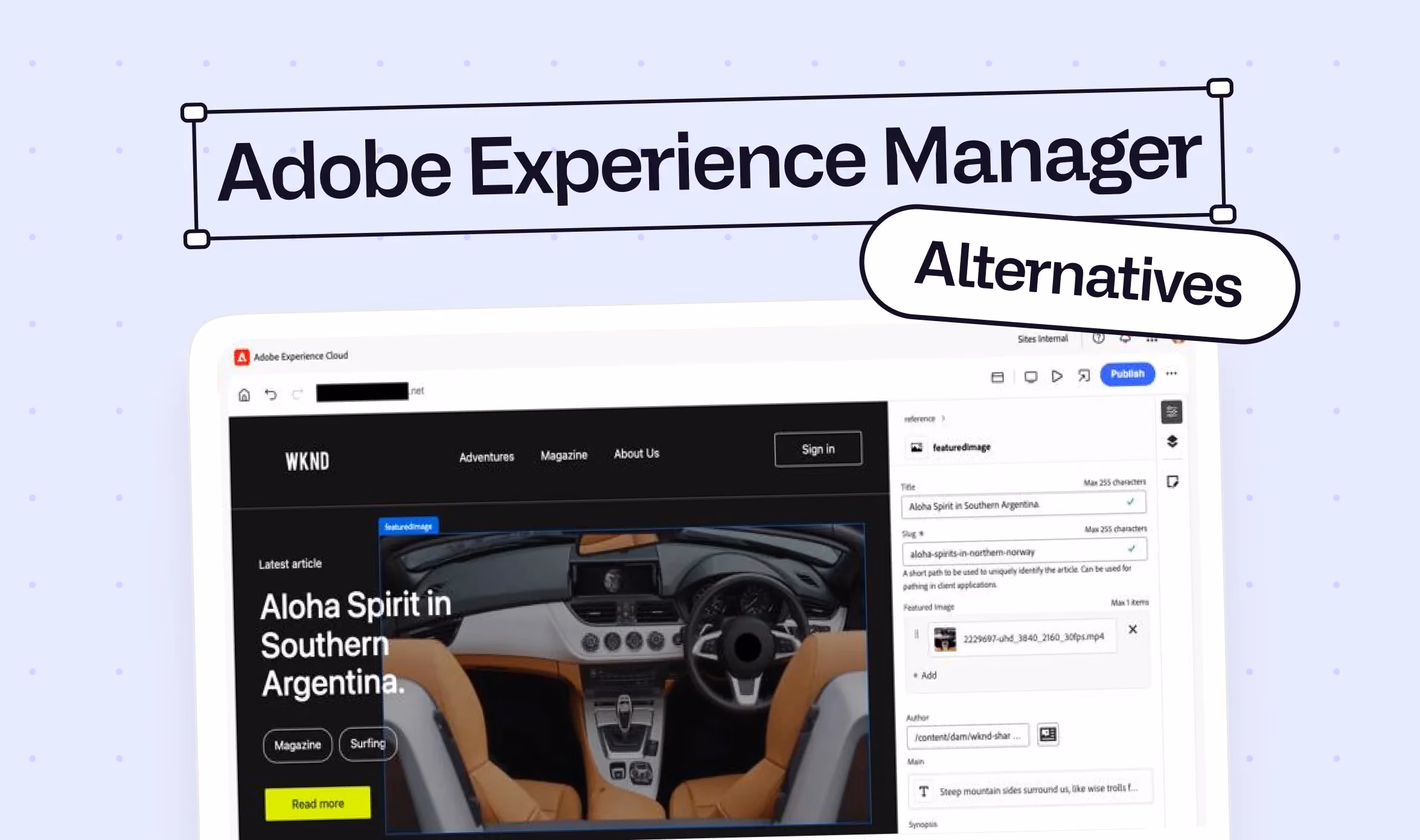 Adobe Experience Manager Sites editor showing a content fragment with featured image and slug fields