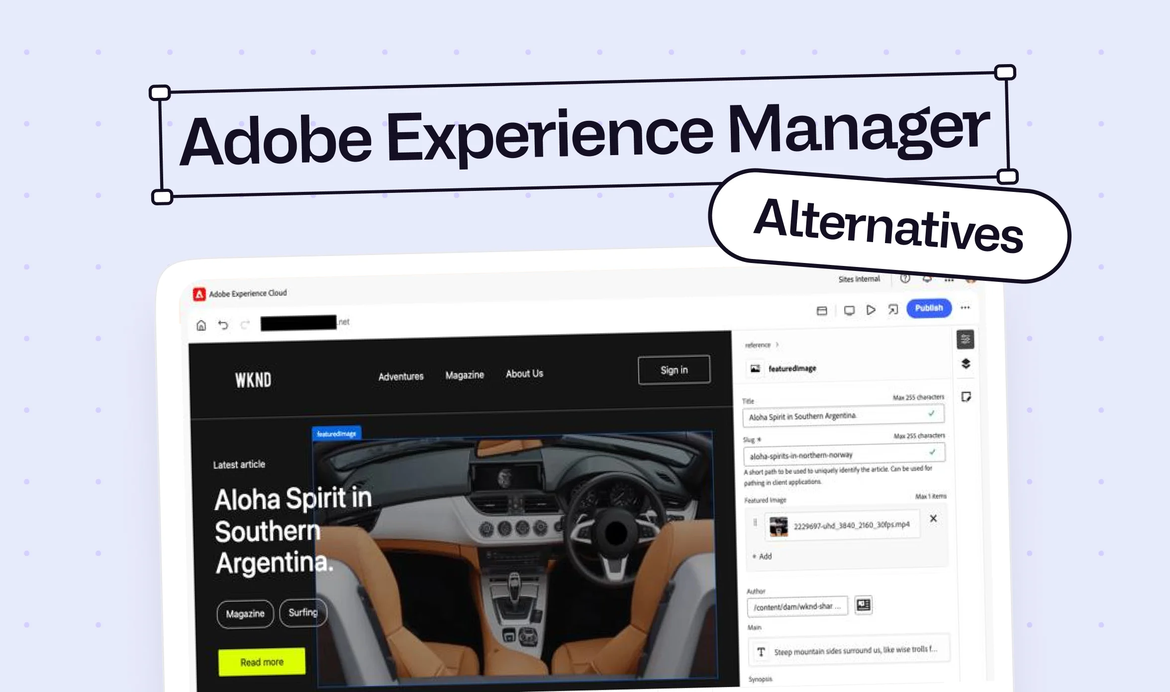 Adobe Experience Manager Sites editor showing a content fragment with featured image and slug fields