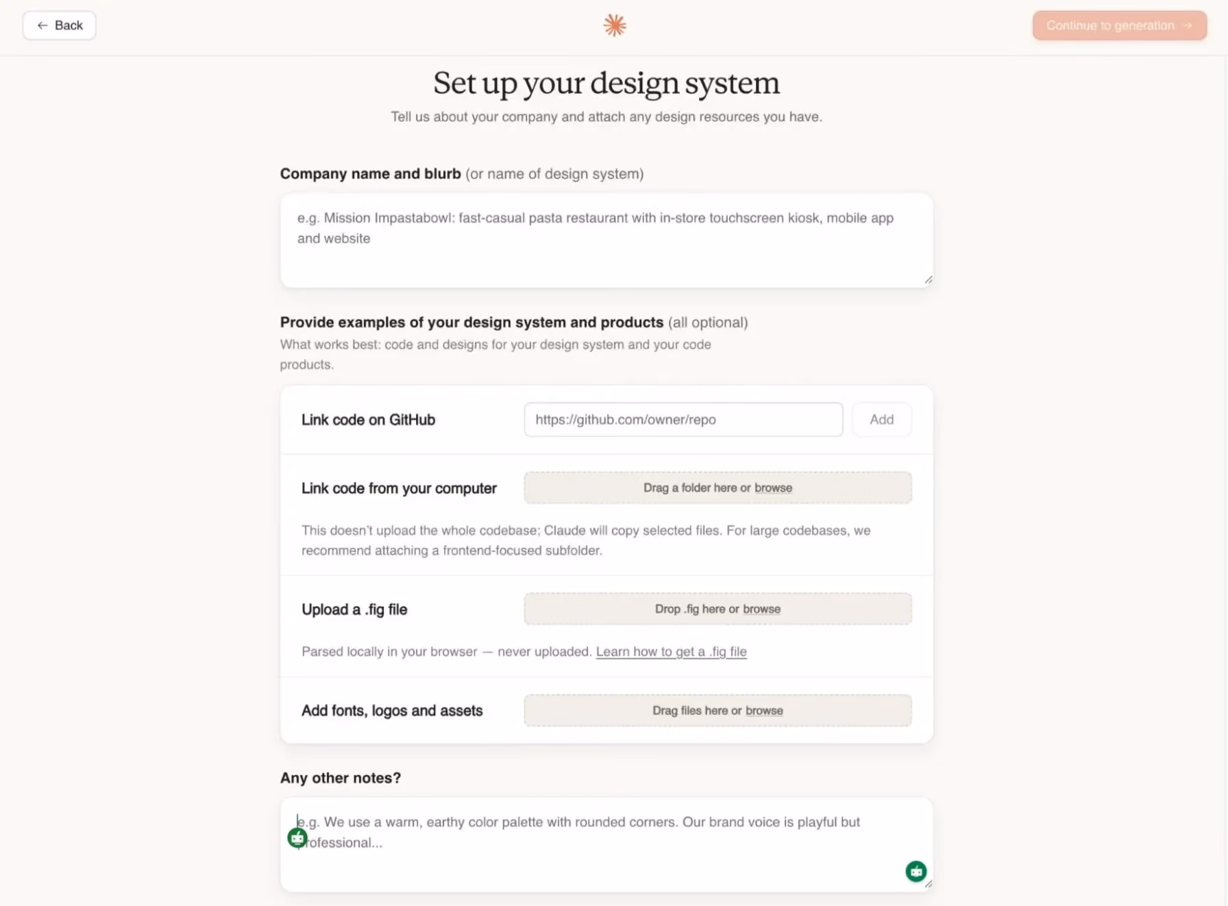 Claude Design interface showing the main workspace with a "New prototype" panel on the left offering Wireframe and High fidelity options, and an Examples gallery on the right featuring a Cosmic scale animation and Organic loaders with "Use this prompt" buttons.