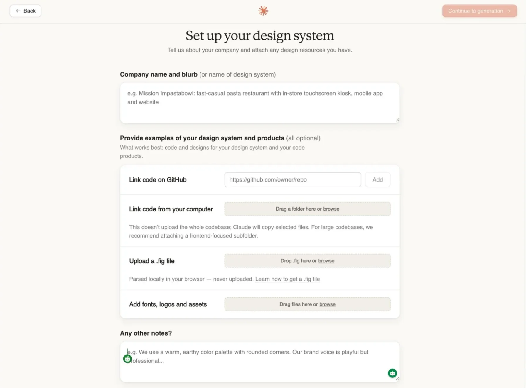 Claude Design interface showing the main workspace with a "New prototype" panel on the left offering Wireframe and High fidelity options, and an Examples gallery on the right featuring a Cosmic scale animation and Organic loaders with "Use this prompt" buttons.