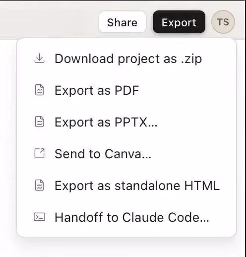 Claude Design export menu showing six options: Download project as .zip, Export as PDF, Export as PPTX, Send to Canva, Export as standalone HTML, and Handoff to Claude Code.