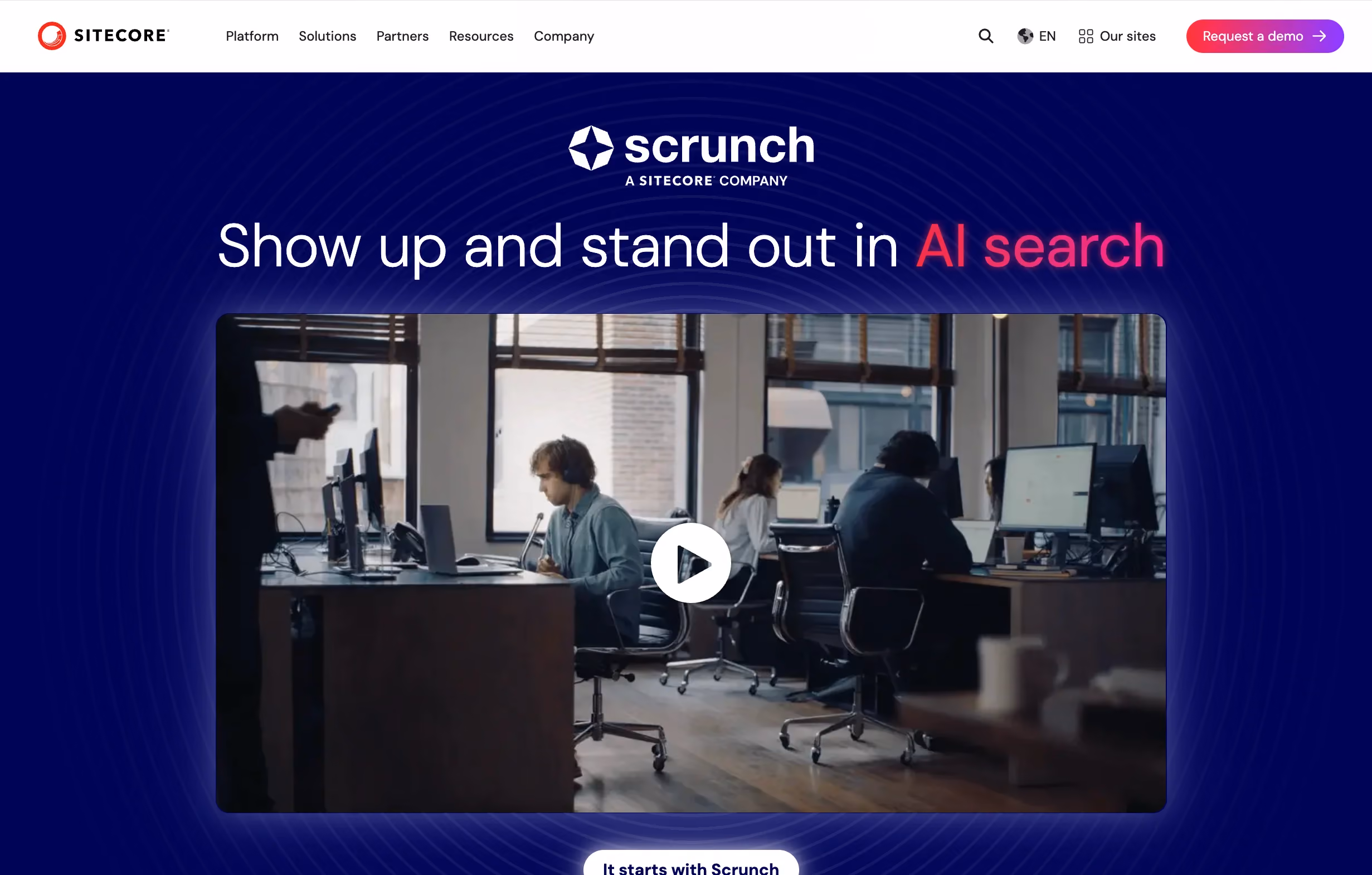 sitecore website homepage with blue backround and mention of scrunch which is a sitecore company