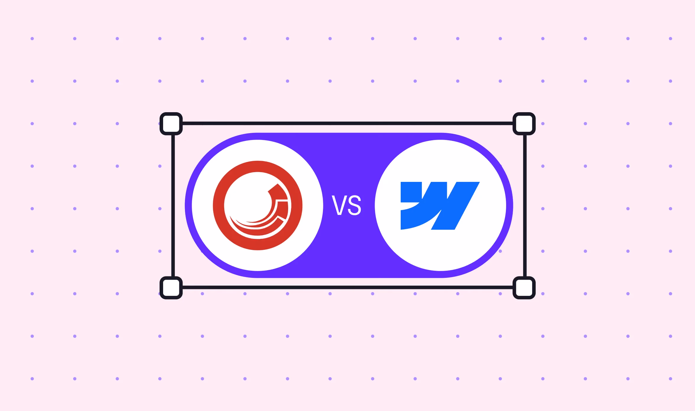 Logo of sitecore and webflow placed against a pink dotted background for a webflow vs sitecore comparison blog