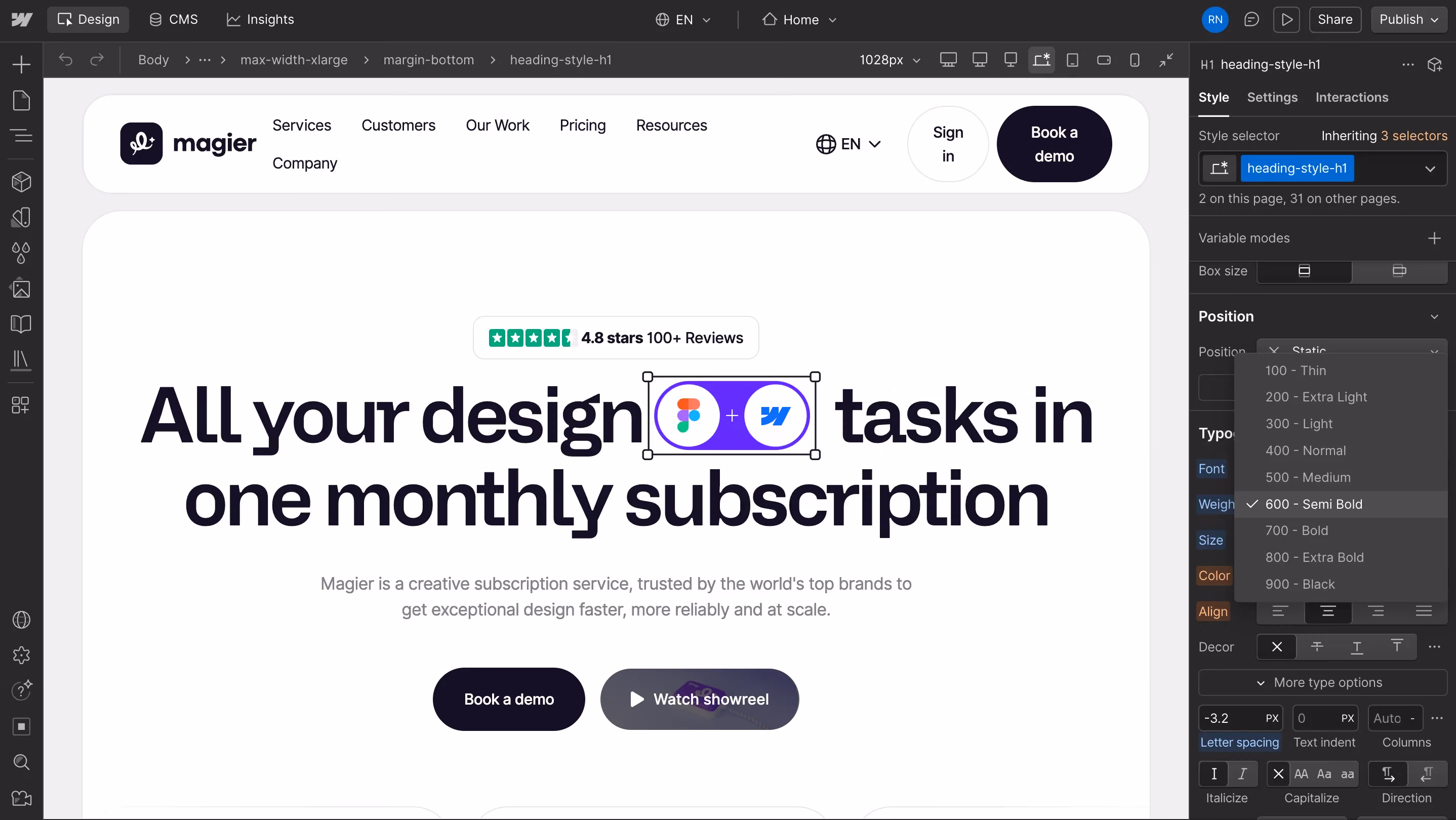 Webflow Designer showing the magier homepage with a heading style panel open on the right, displaying font weight options from 100 Thin to 900 Black, with 600 Semi Bold selected. The canvas shows the magier hero section with the headline "All your design tasks in one monthly subscription."