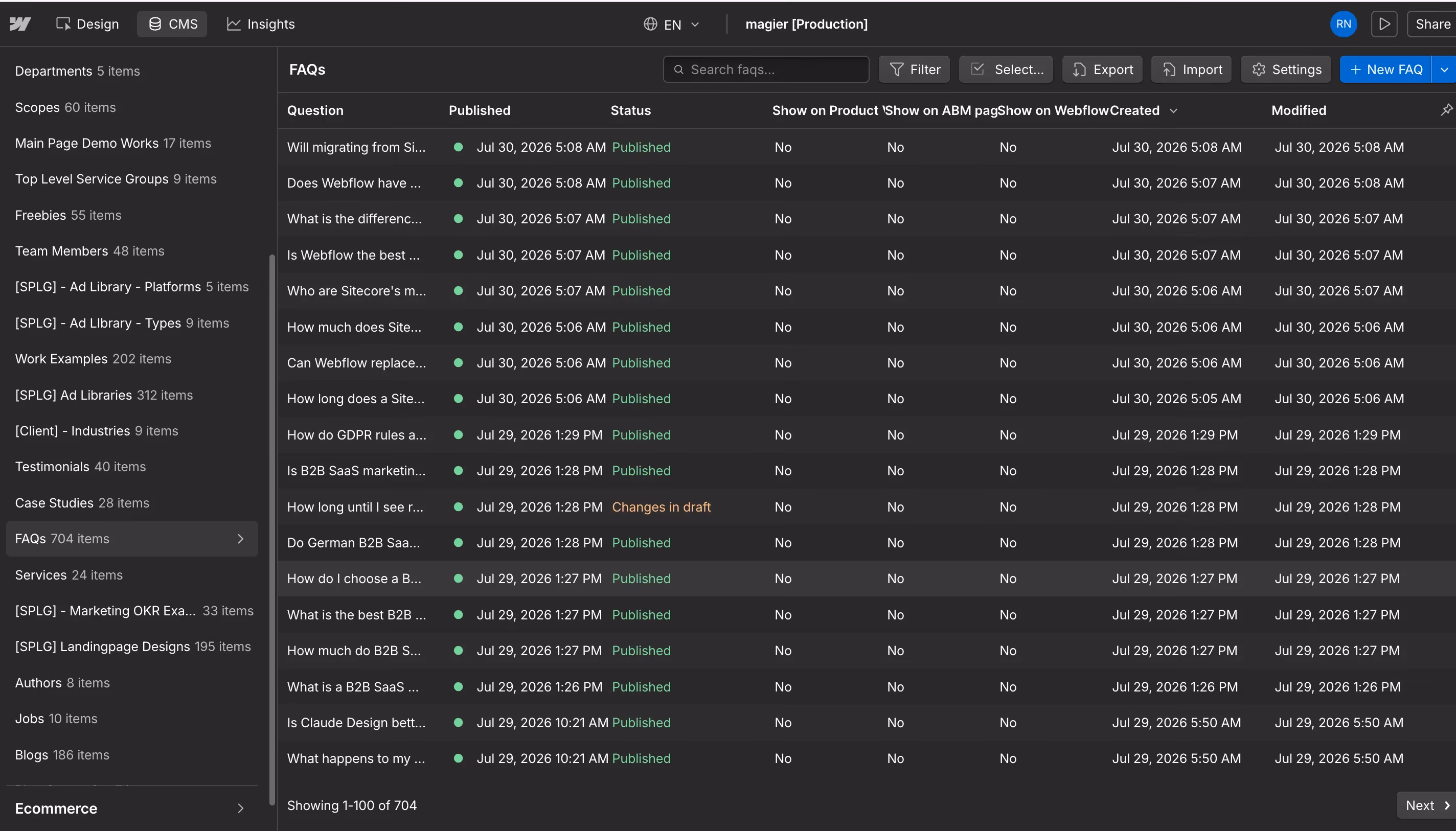 Webflow CMS editor showing the magier production site's FAQs collection with 704 items. The list displays FAQ entries with their published status, creation dates, and toggle columns for showing on Product, ABM, and Webflow pages.