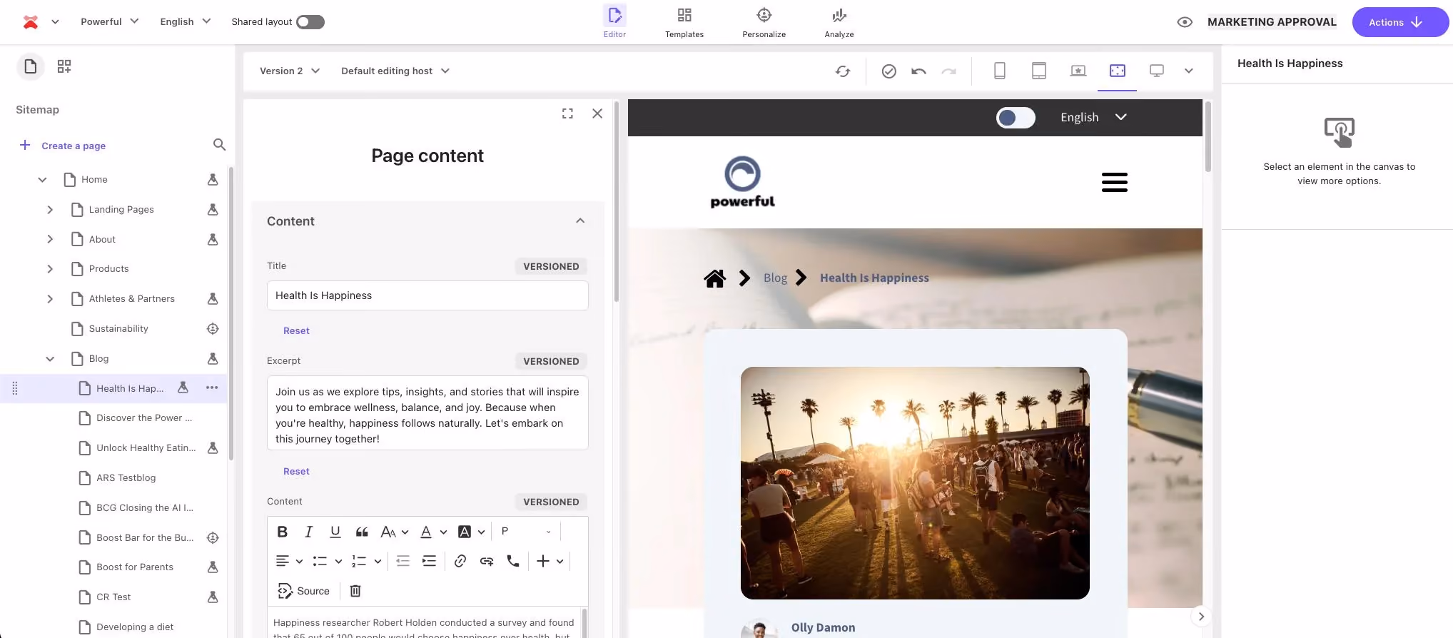 Sitecore XM Cloud editor showing a blog post titled "Health Is Happiness" on the Powerful site, with a Page content panel open displaying versioned fields for Title, Excerpt, and Content. The right panel shows the page is pending Marketing Approval before it can be published.