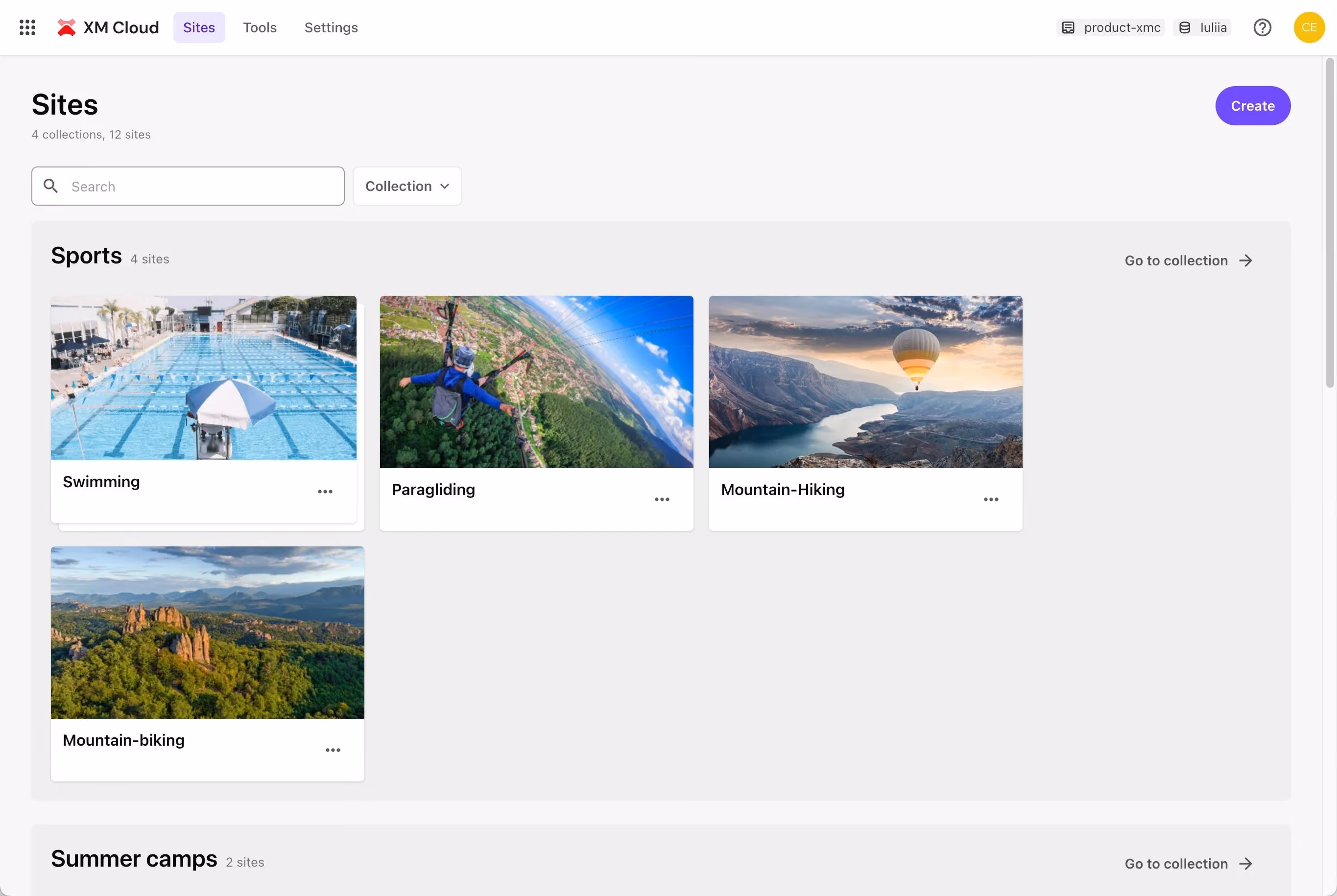 Sitecore XM Cloud Sites dashboard showing 4 collections and 12 sites total, with the Sports collection expanded to display four individual sites: Swimming, Paragliding, Mountain-Hiking, and Mountain-biking. A Summer camps collection is visible below.