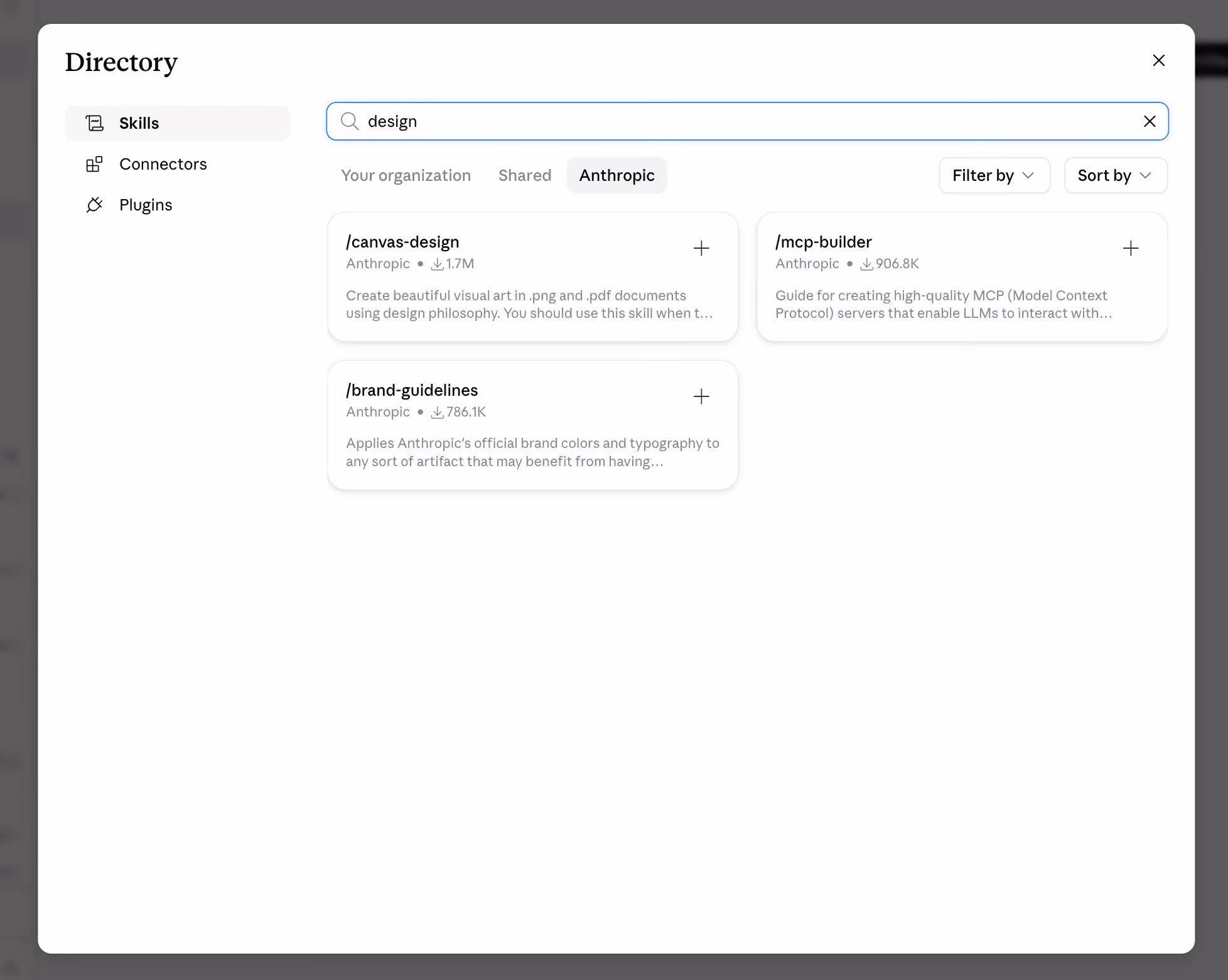 Claude skills directory with "design" written on the search bar and anthropic's own design skills on display, such as canvas-design, mcp-builder, and brand-guidelines