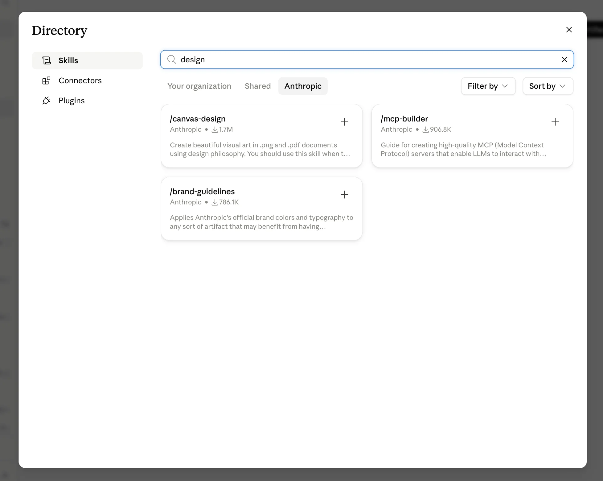 Claude skills directory with "design" written on the search bar and anthropic's own design skills on display, such as canvas-design, mcp-builder, and brand-guidelines