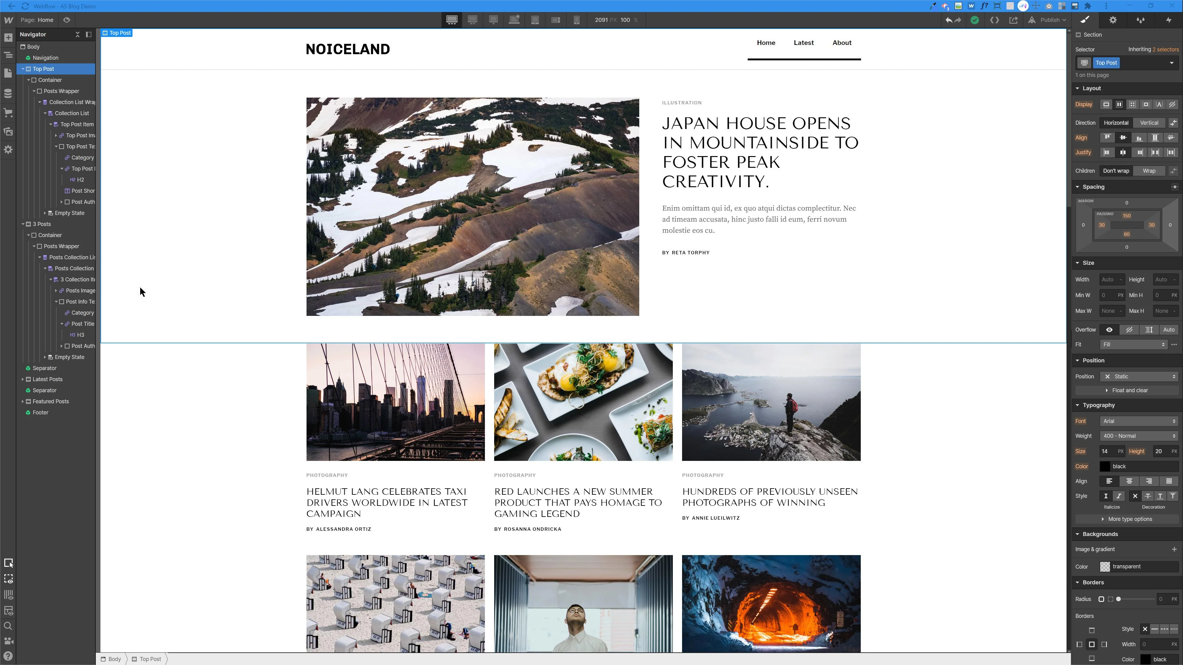 Webflow Designer showing a blog homepage layout with visual editing panels for spacing, typography, and layout settings