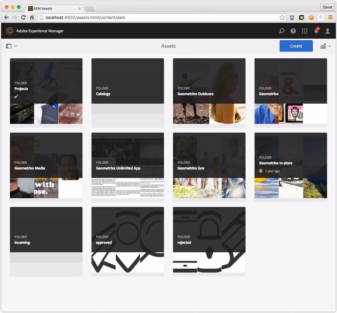 Adobe Experience Manager's Assets interface showing a folder structure for organizing digital assets by project and campaign"
