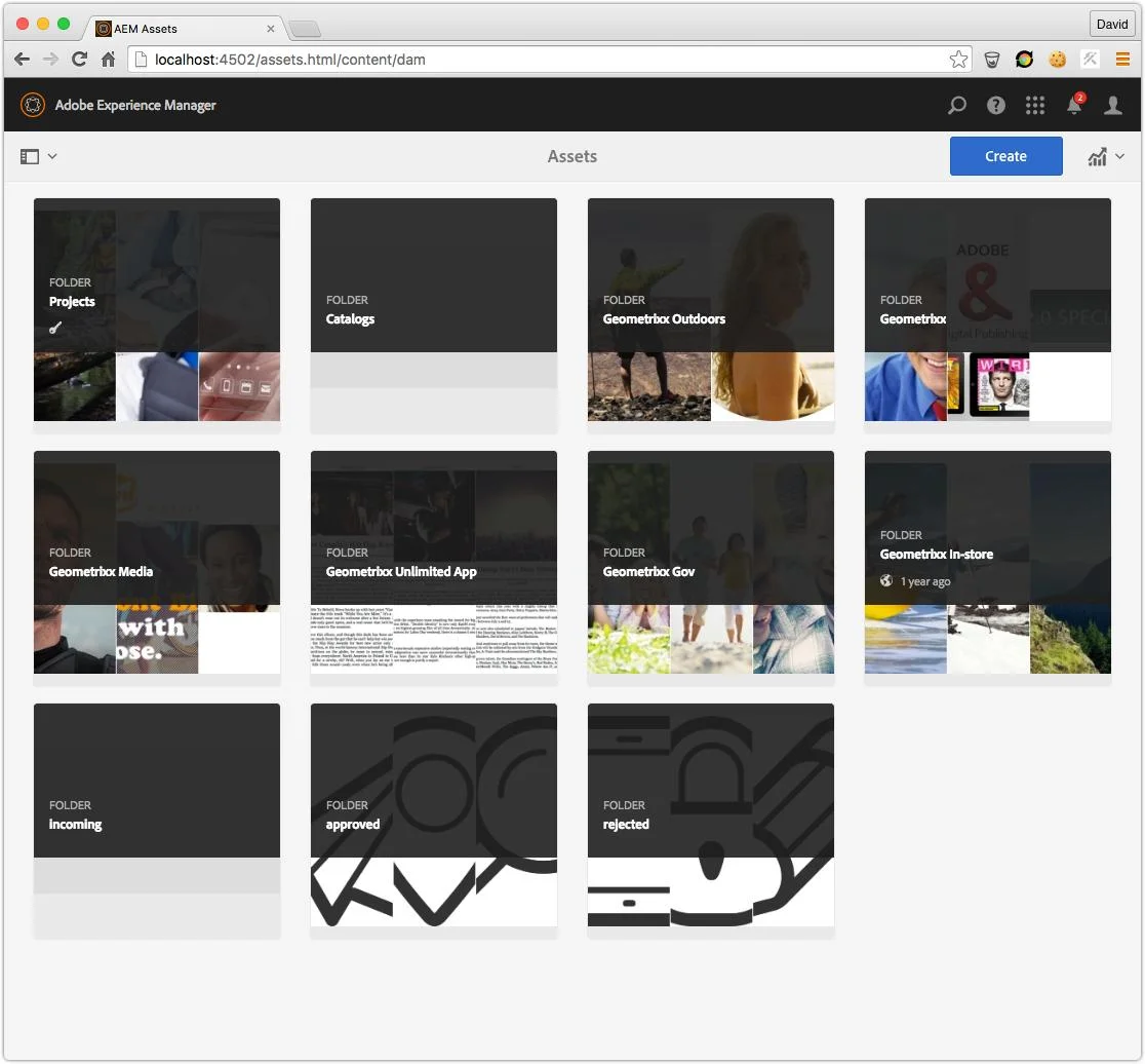 Adobe Experience Manager's Assets interface showing a folder structure for organizing digital assets by project and campaign"