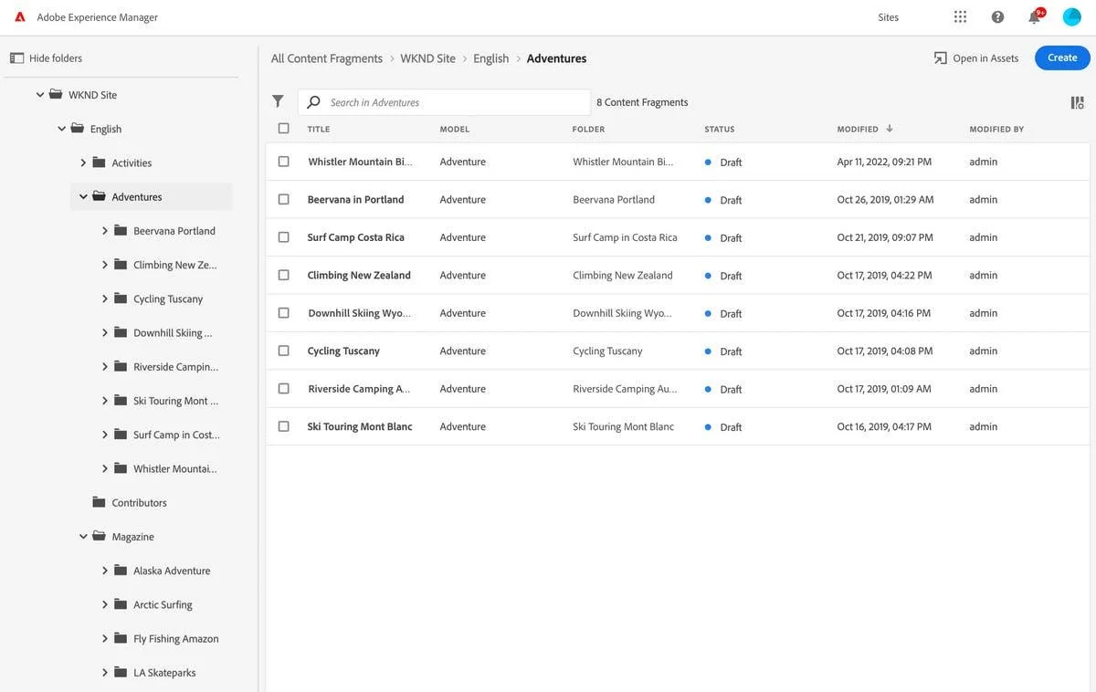 Adobe Experience Manager's Content Fragments panel showing a list of Adventure content fragments under the WKND Site project