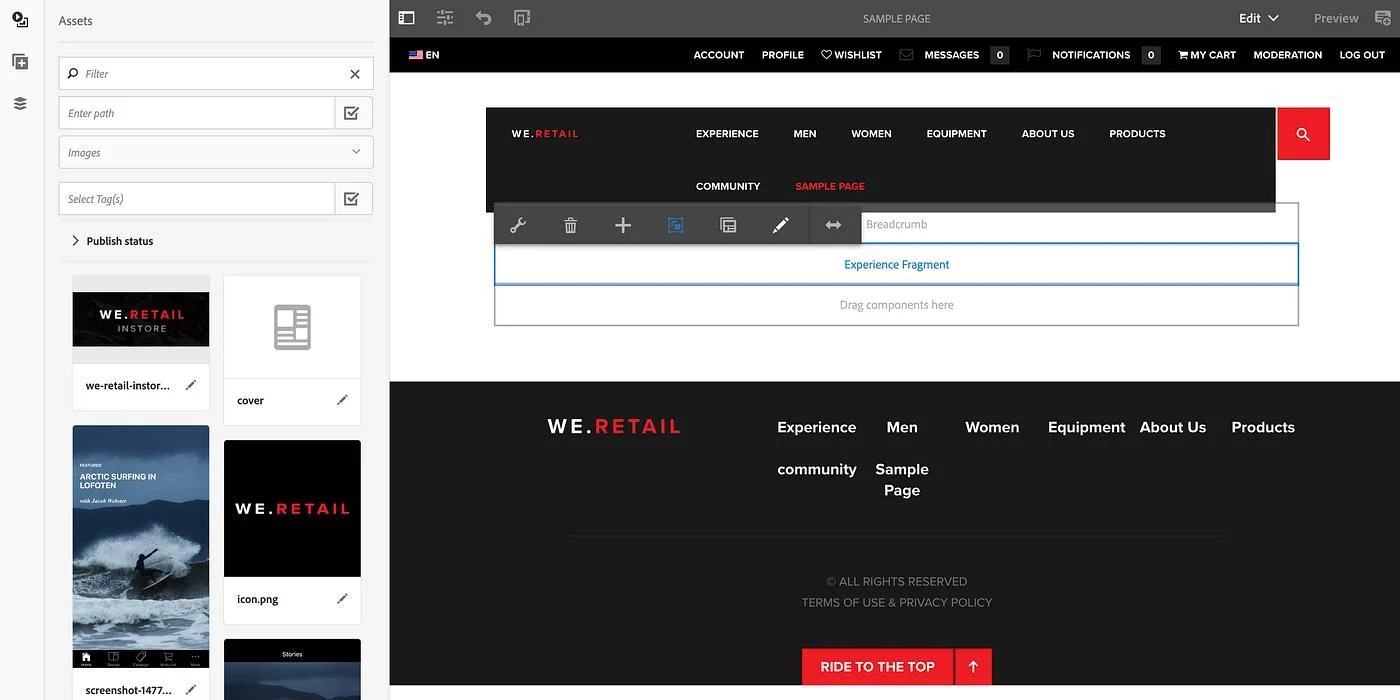 Adobe Experience Manager's page editor showing the We.Retail demo site with a component structure panel for adding page elements
