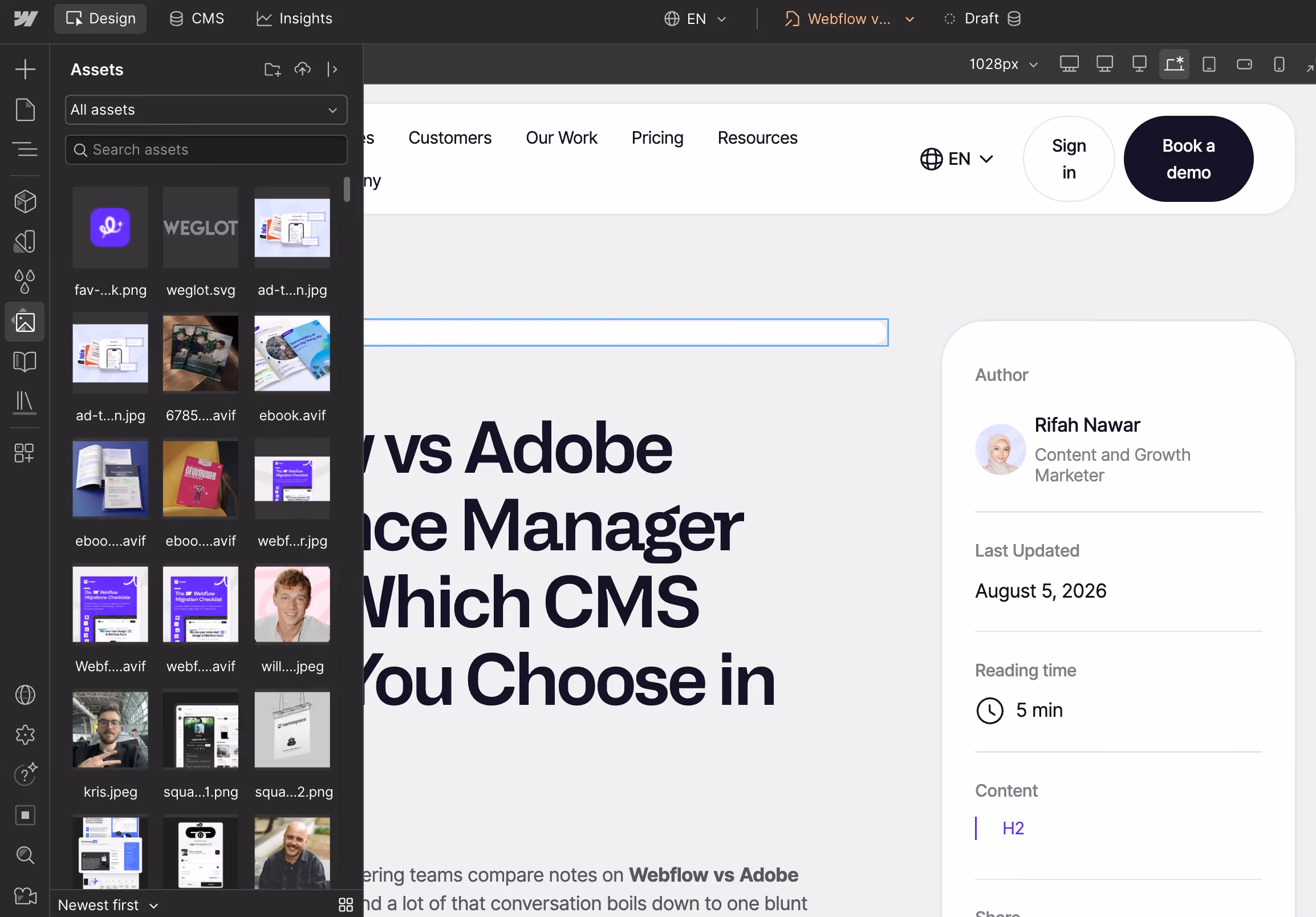 Webflow Designer showing the Webflow vs Adobe Experience Manager blog post draft, with the assets panel open and author details for Rifah Nawar in the sidebar