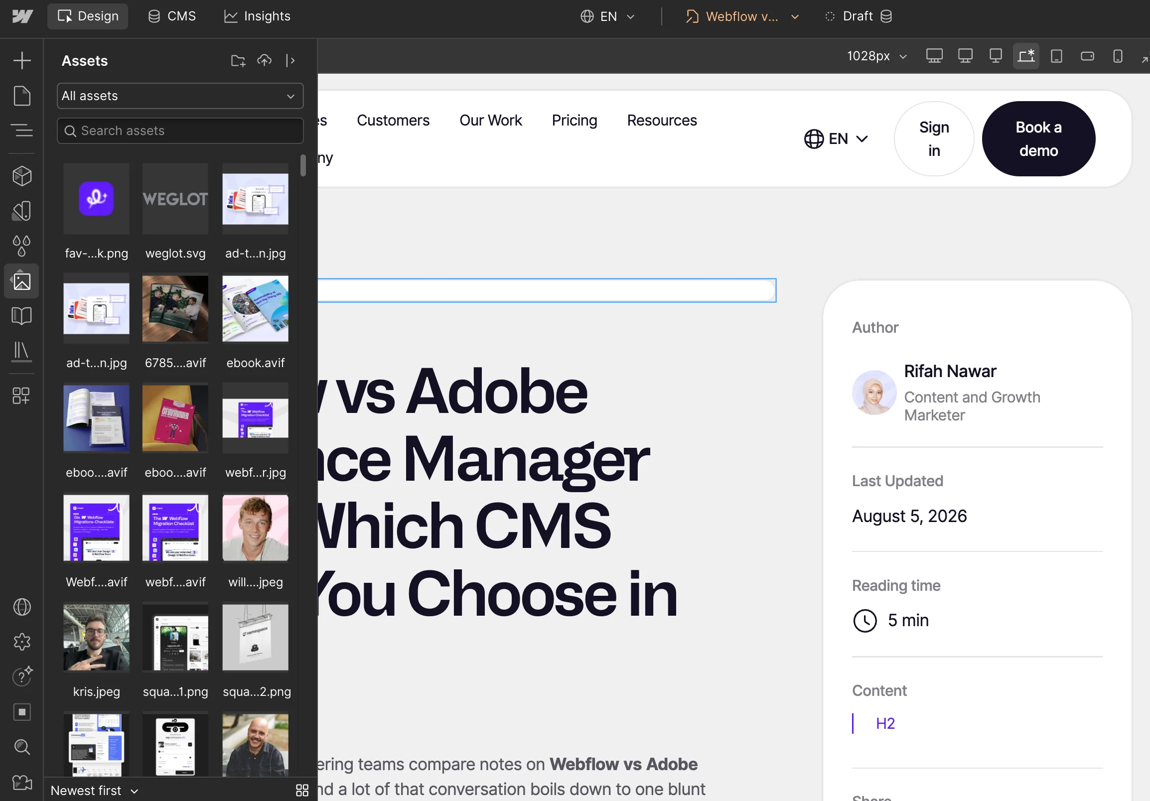 Webflow Designer showing the Webflow vs Adobe Experience Manager blog post draft, with the assets panel open and author details for Rifah Nawar in the sidebar