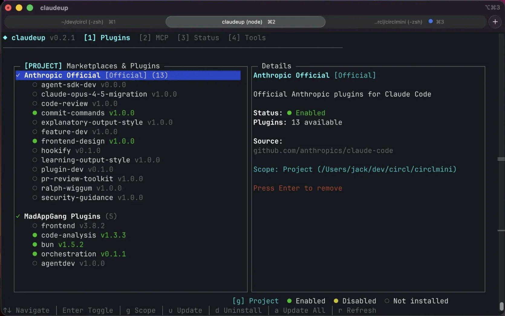 Screenshot of the claudeup terminal interface showing the Plugins tab, with the Anthropic Official marketplace selected and its 13 plugins listed, including frontend-design and commit-commands shown as enabled, alongside a MadAppGang Plugins marketplace below it.