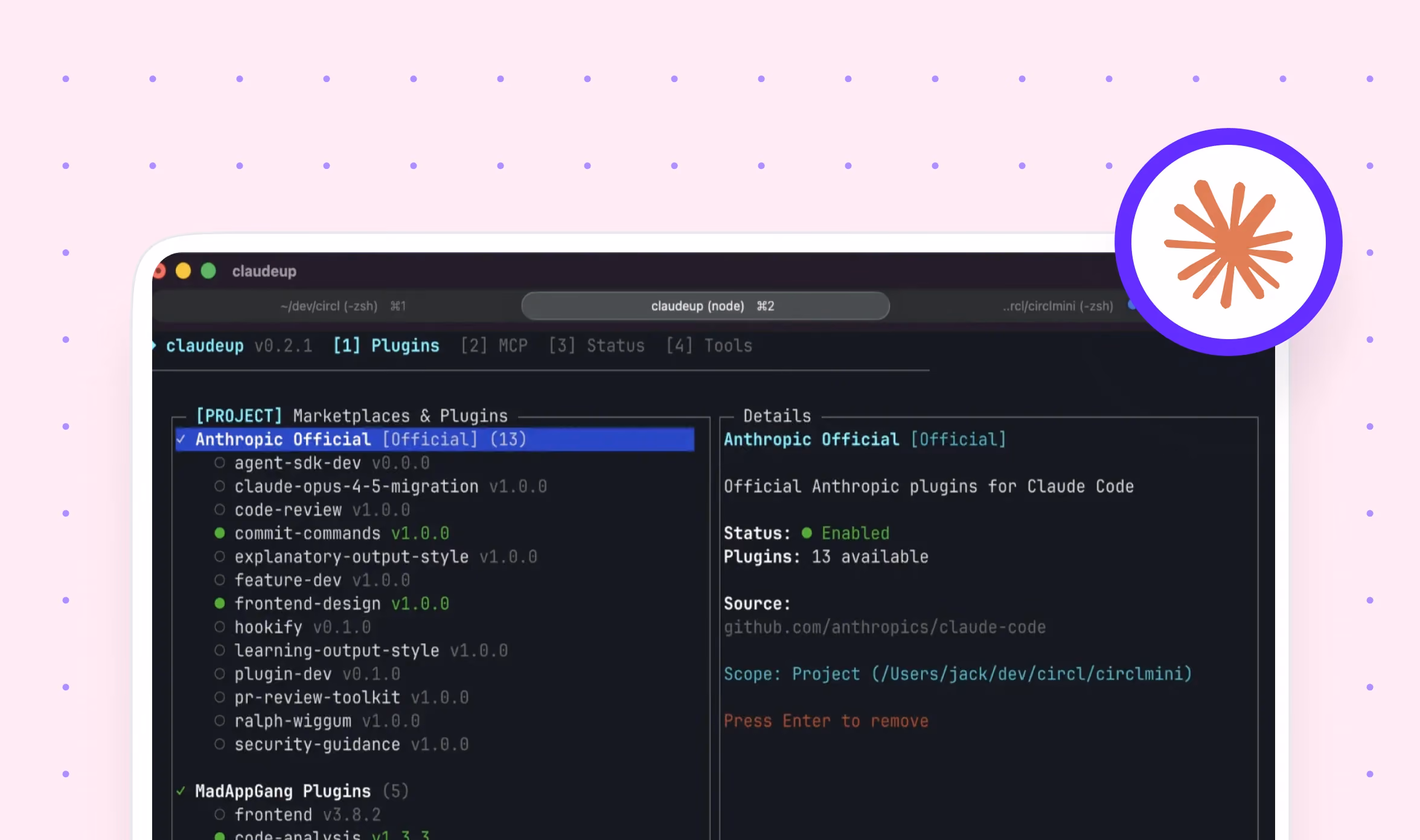 Styled screenshot of the claudeup terminal on a pink dotted background with an Anthropic starburst logo, showing the Plugins tab with the Anthropic Official marketplace selected and its 13 plugins listed, including frontend-design and commit-commands enabl