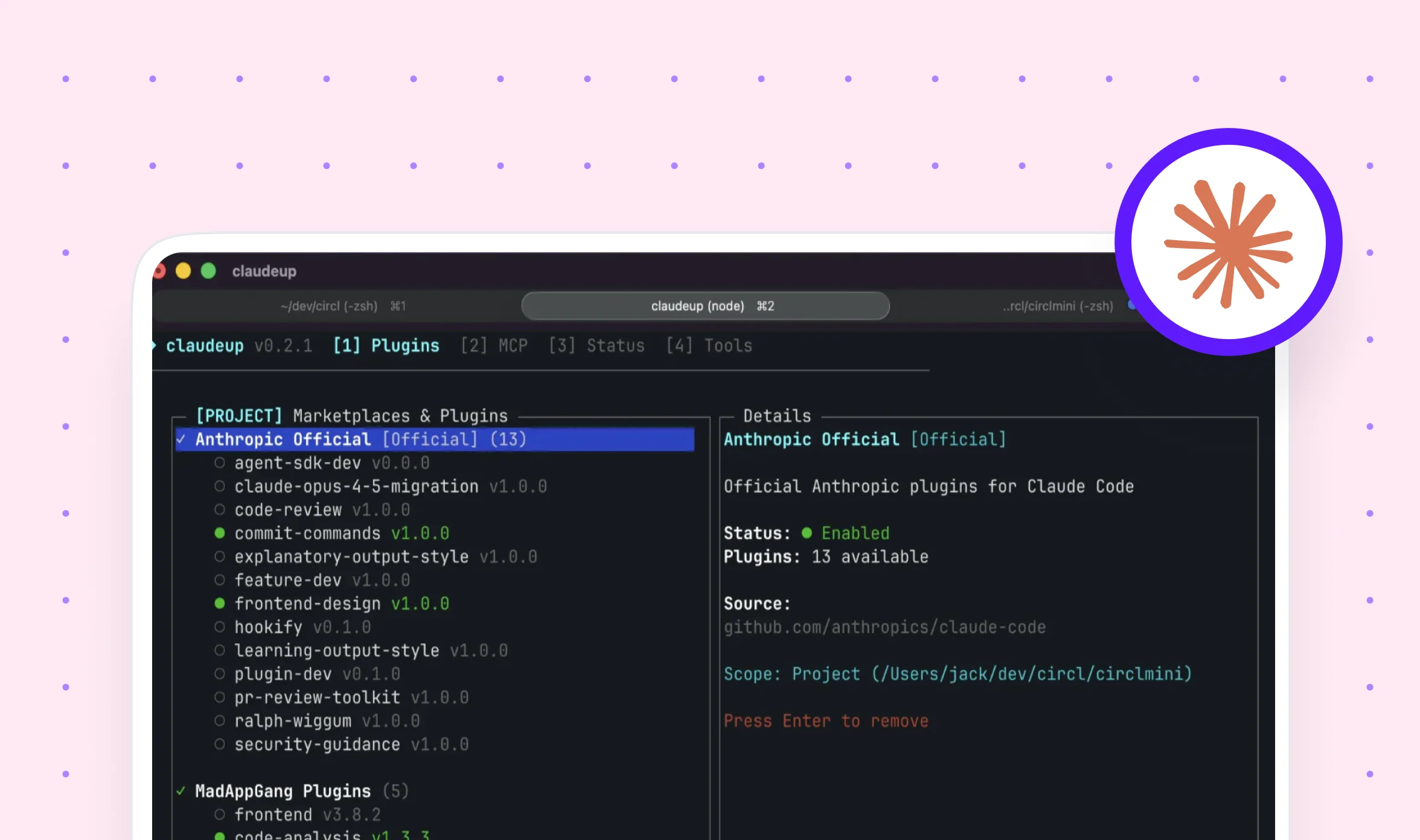 Styled screenshot of the claudeup terminal on a pink dotted background with an Anthropic starburst logo, showing the Plugins tab with the Anthropic Official marketplace selected and its 13 plugins listed, including frontend-design and commit-commands enabl