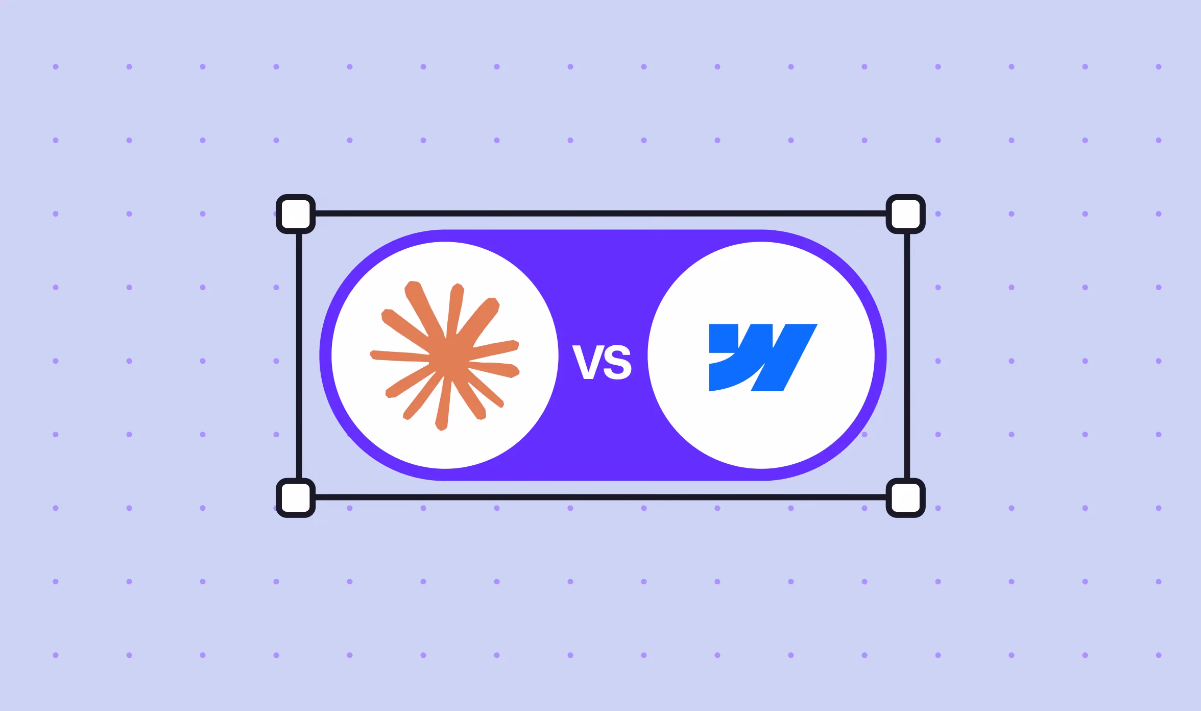 Illustration showing the Claude starburst logo and the Webflow logo inside two joined pill shapes on a purple background, with 'VS' between them.