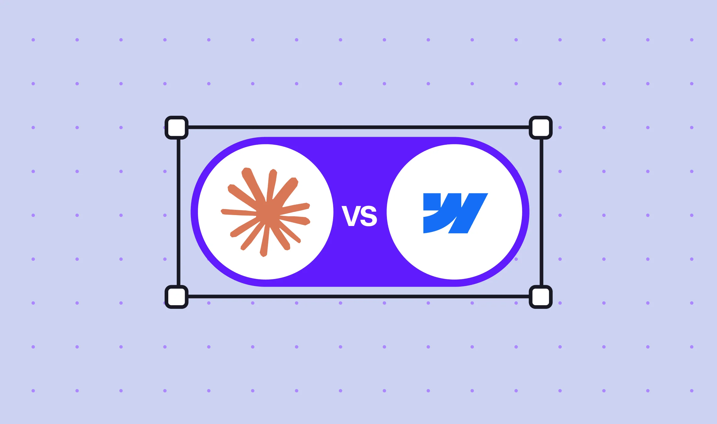 Illustration showing the Claude starburst logo and the Webflow logo inside two joined pill shapes on a purple background, with 'VS' between them.