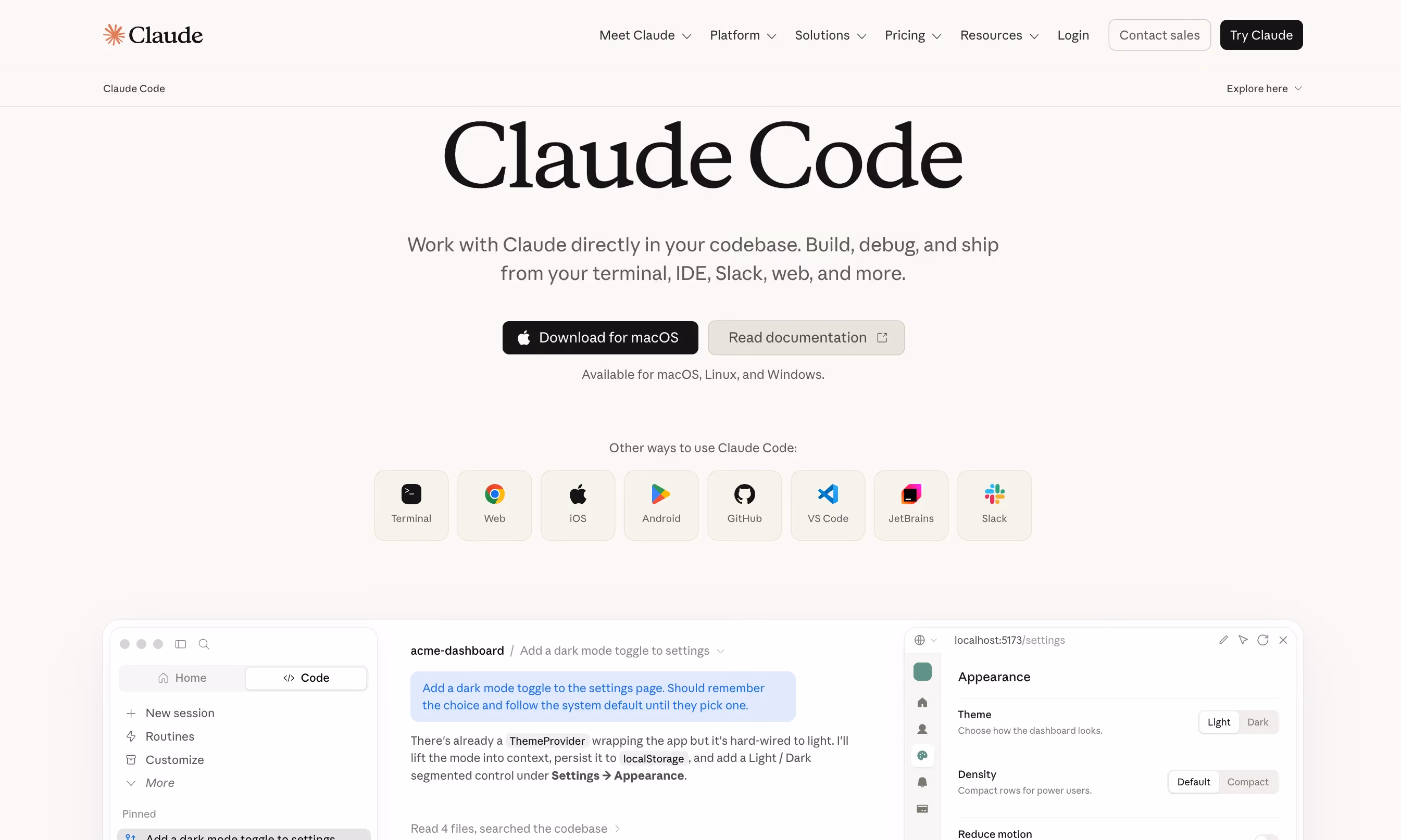 Screenshot of Anthropic's Claude Code product page, showing the download options for macOS, Linux, and Windows, other access points including terminal, web, iOS, Android, GitHub, VS Code, JetBrains, and Slack, and an example dark mode toggle prompt in the interface.